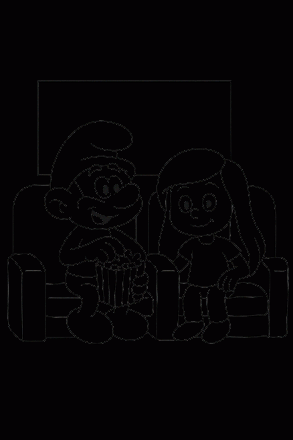 Malvorlagen Papa Schlumpf und Kind im Kino zum Ausdrucken