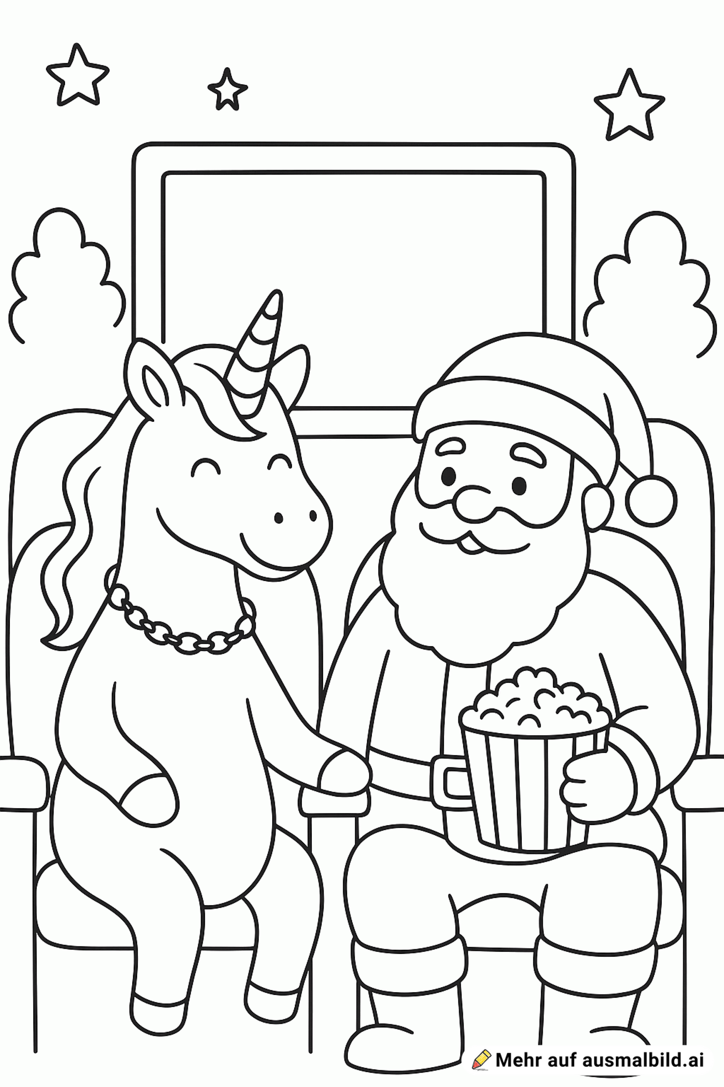 Ein Einhorn und ein Weihnachtsmann im Kino. Das Einhorn soll eine Kette um den Hals tragen.