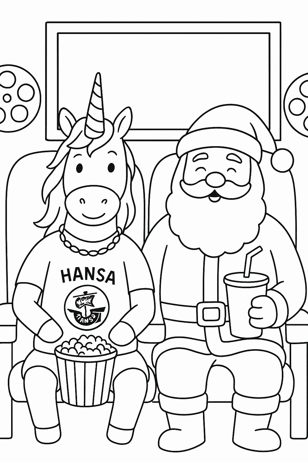 Einhorn und Weihnachtsmann im Kino – Malvorlage kostenlos
