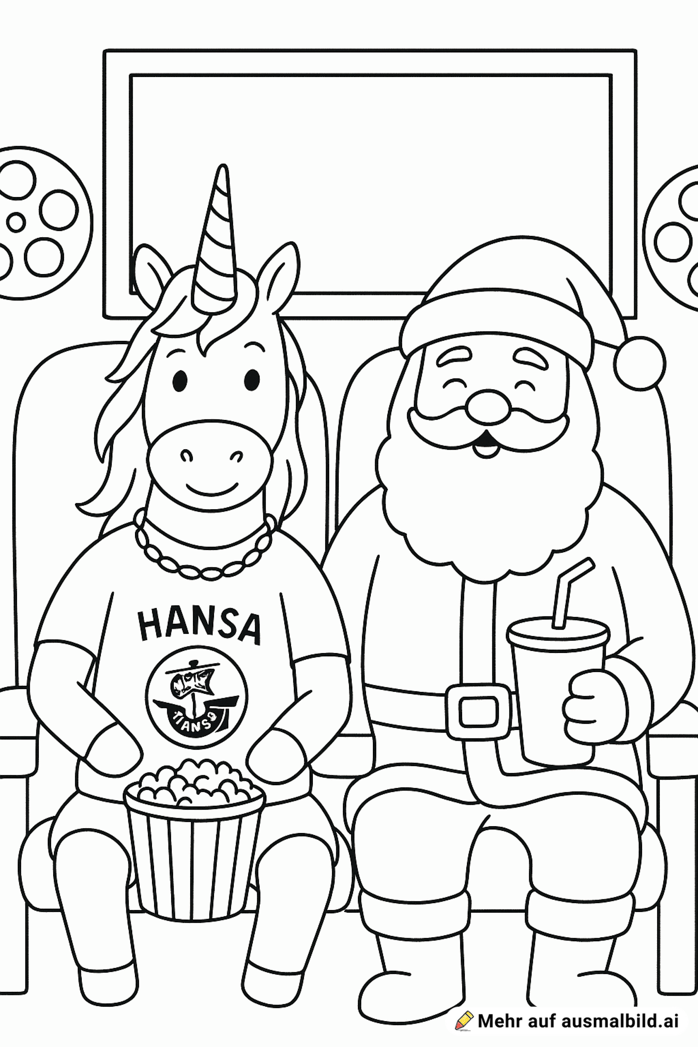 Ein Einhorn und ein Weihnachtsmann im Kino. Das Einhorn soll eine Kette um den Hals tragen und ein Trikot von Hansa Rostock tragen.