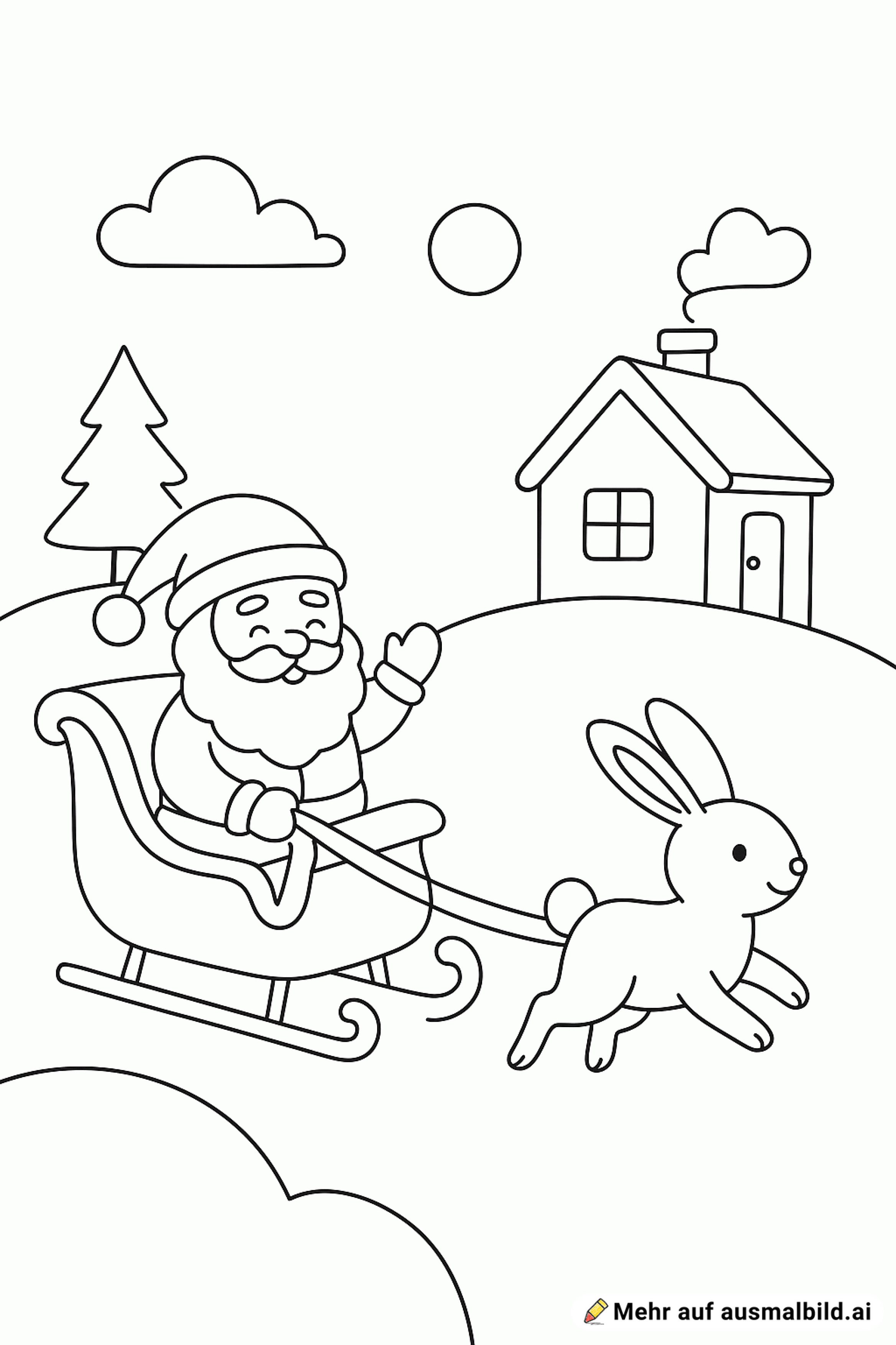 Einen Weihnachtsmann auf dem Schlitten. Ein Osterhase fährt den Schlitten zu einem Haus.