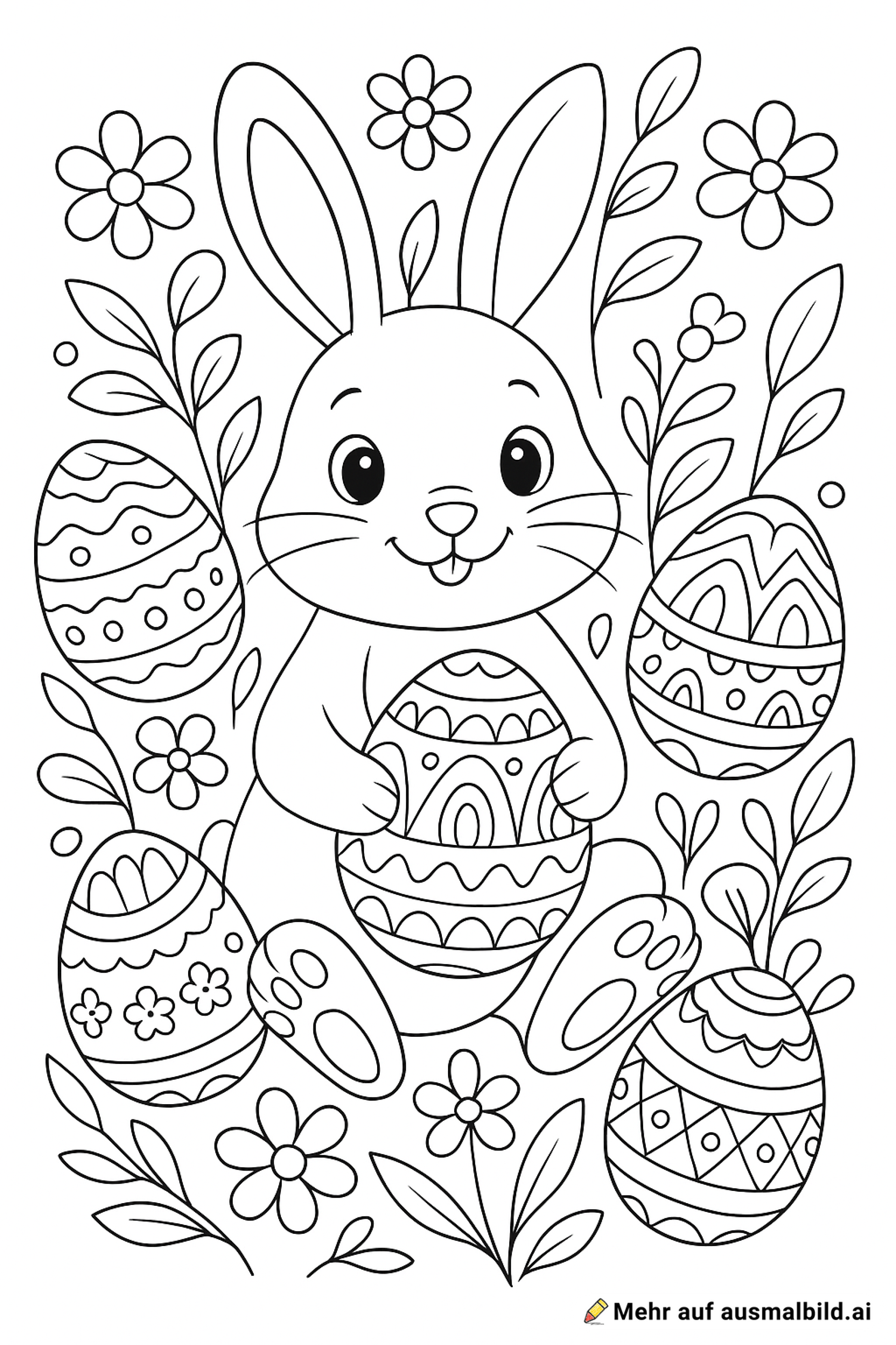 Ein süßer Osterhase, aber DIN A4 vollflächig mit vielen Details ausgefüllt. Auch Eier, die der Osterhase hat, sollen im Mandala-Stil sein.