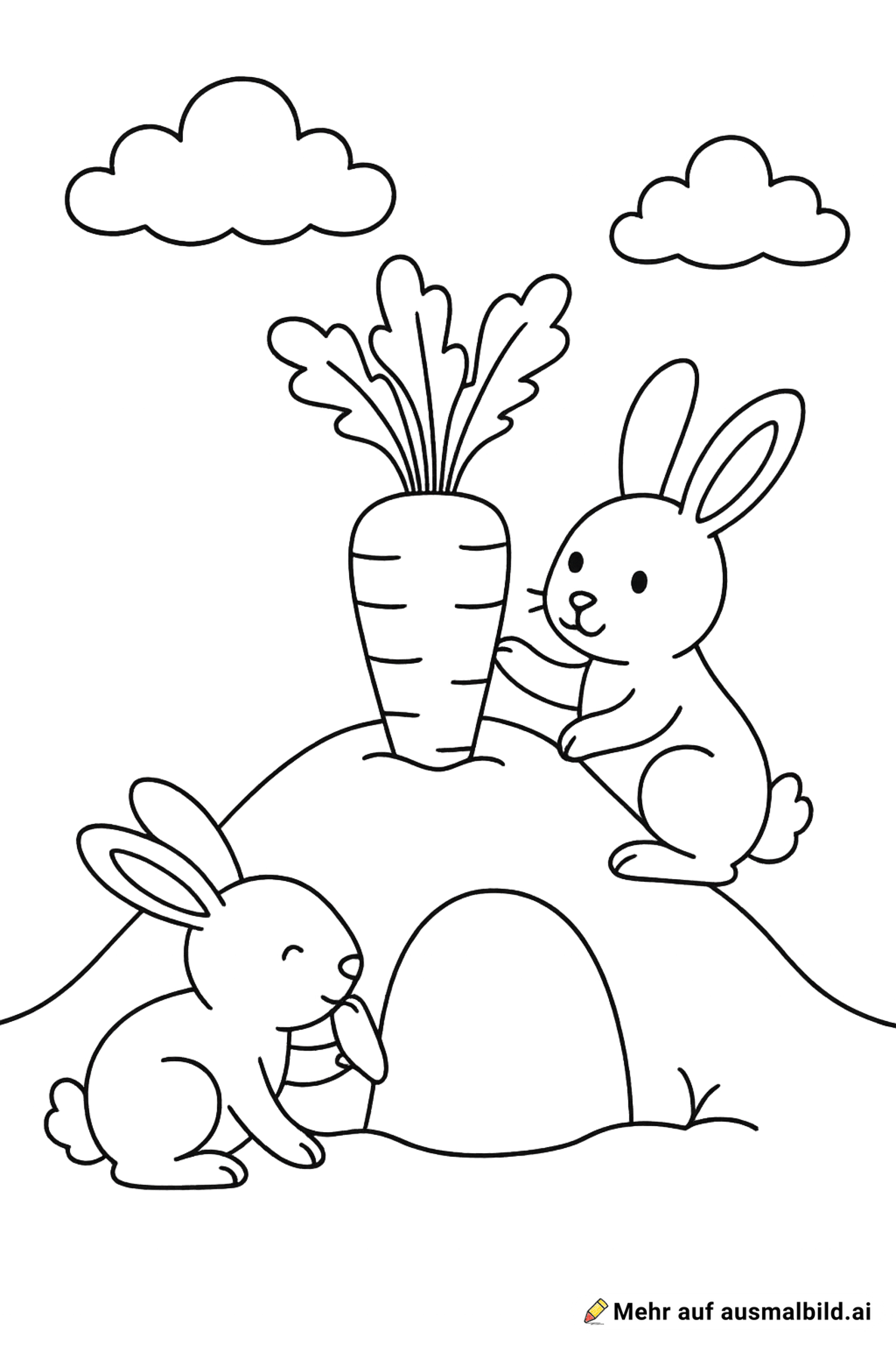 eine Möhre ist durch einen Hügel gewachsen, ein hase knabbert auf dem hügel an der Möhre, ein anderer Hase knabbert unten an der Möhre, die durch eine Höhle im Hügel von außen zu sehen istr