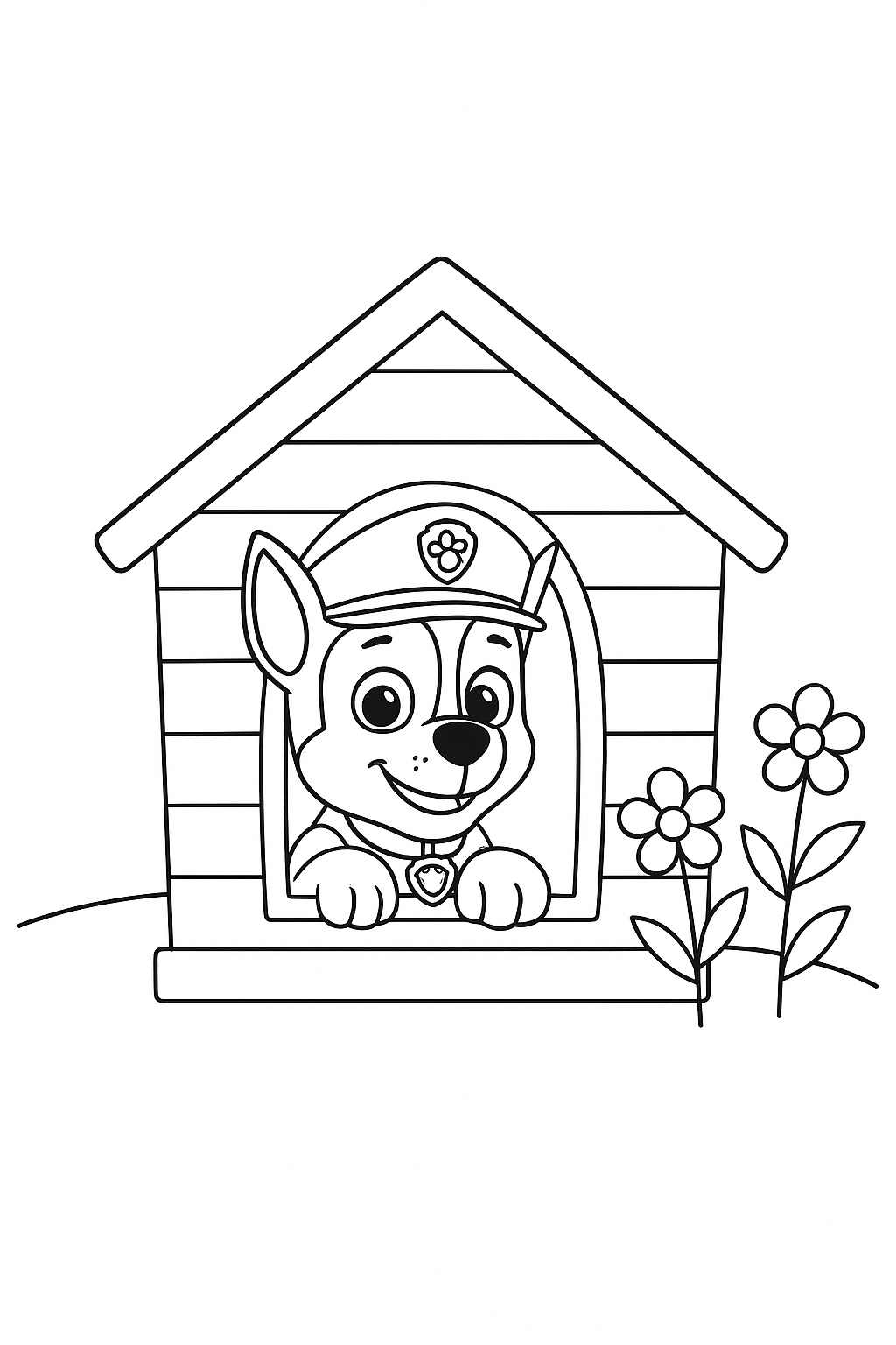 Malvorlage Chase aus Paw Patrol mit Blumen – kostenlos ausdrucken