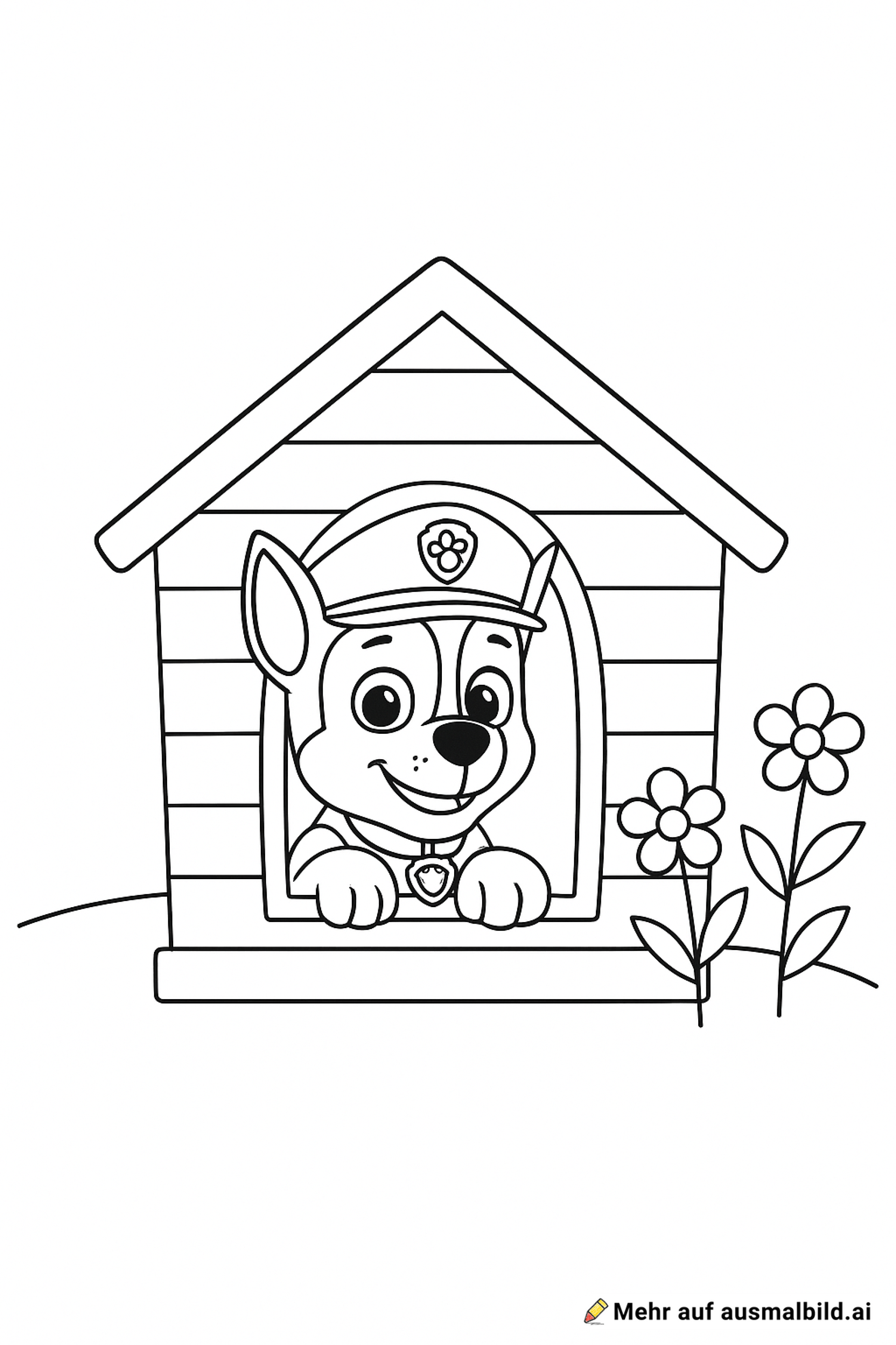 Chase von paw patrol soll in seiner Hunde Hütte liegen der Kopf herausschauen und daneben Blumen sein