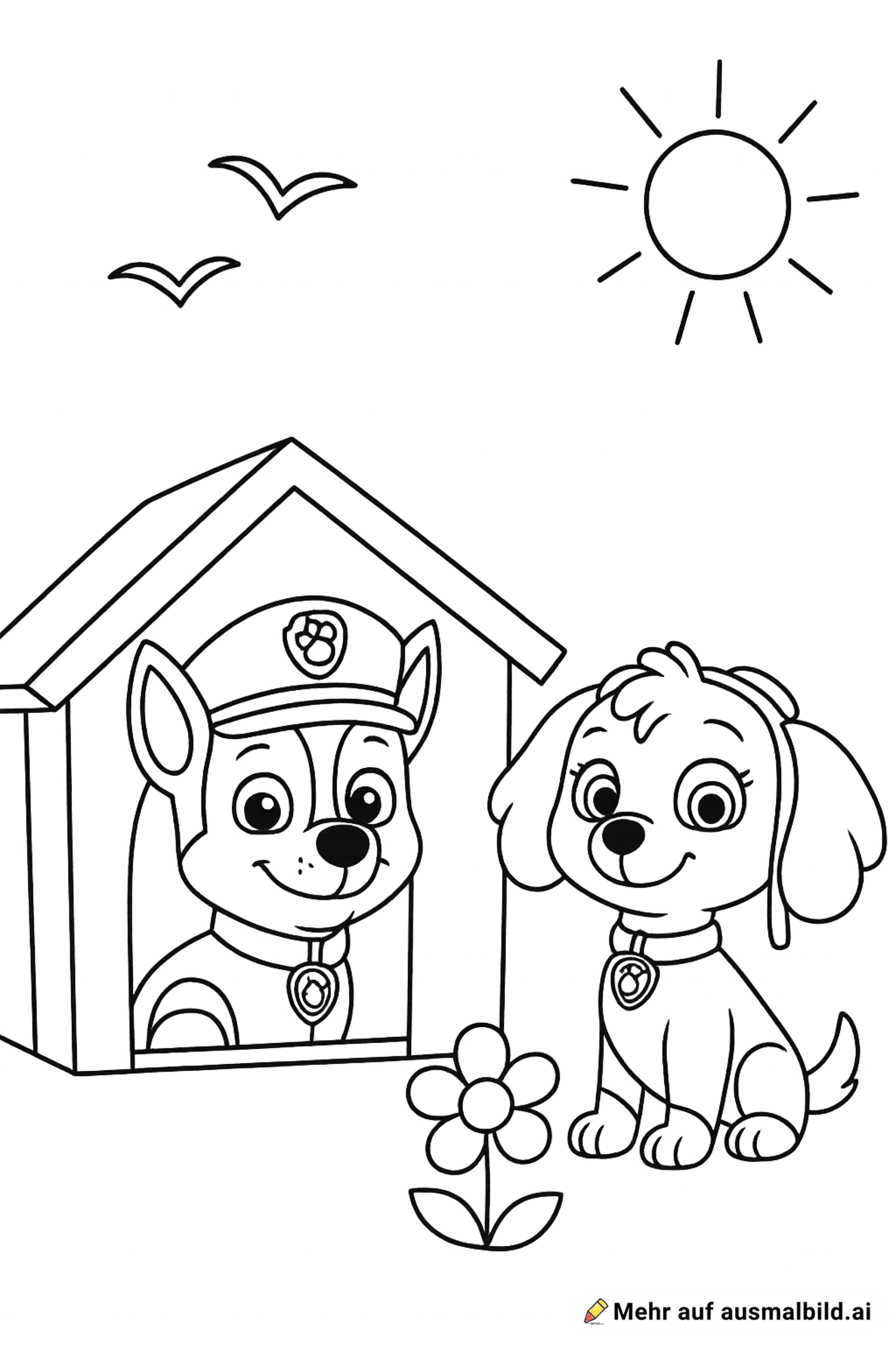 Chase von paw patrol liegt in seiner Hundehütte und sein Kopf schaut heraus. Daneben sitzt Sky - Drumherum sind Blume und die Sonne scheint und Vögel sind im Himmel zu sehen