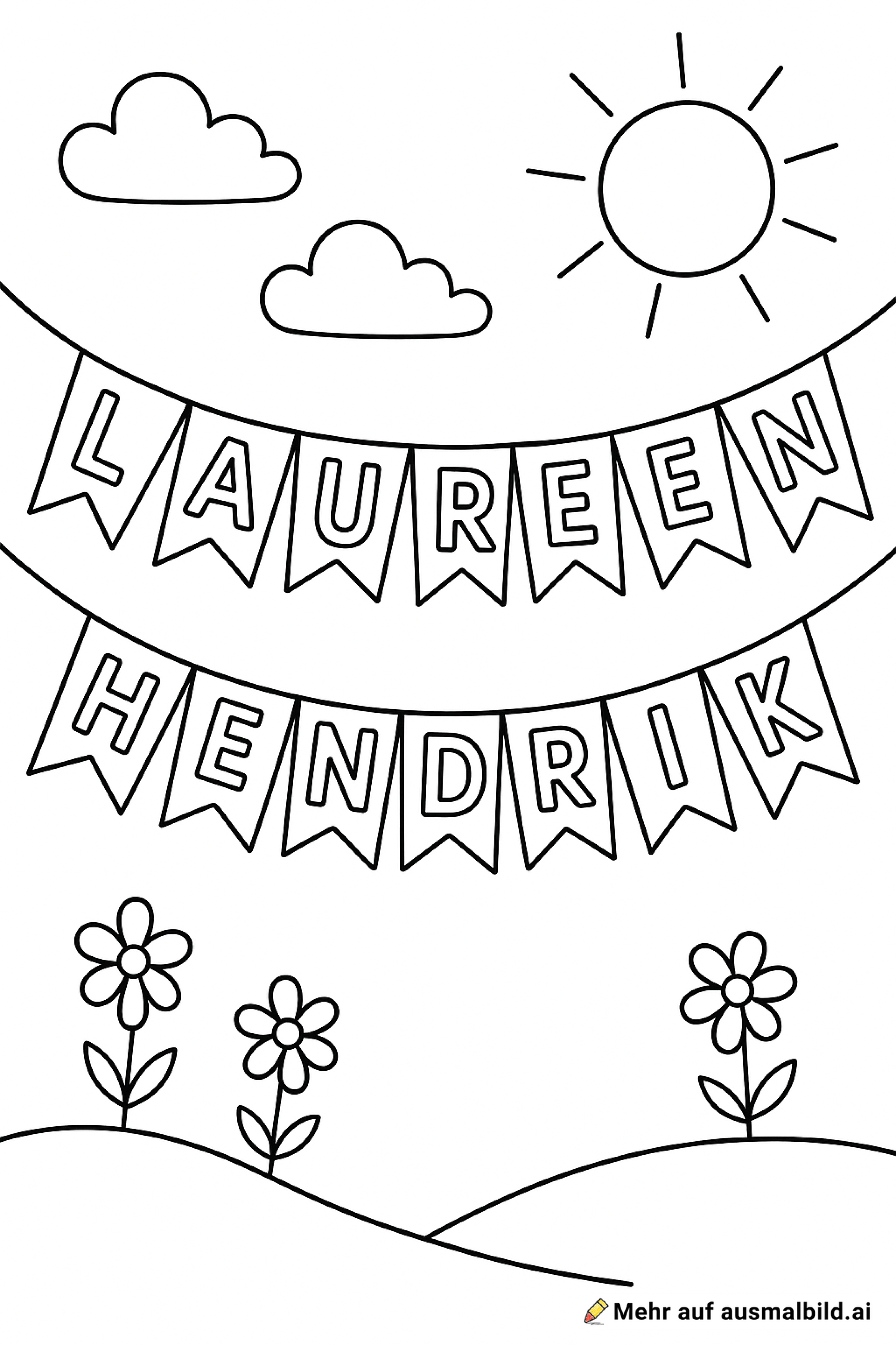 Eine Girlande mit Wimpeln auf denen Laureen und Hendrik steht