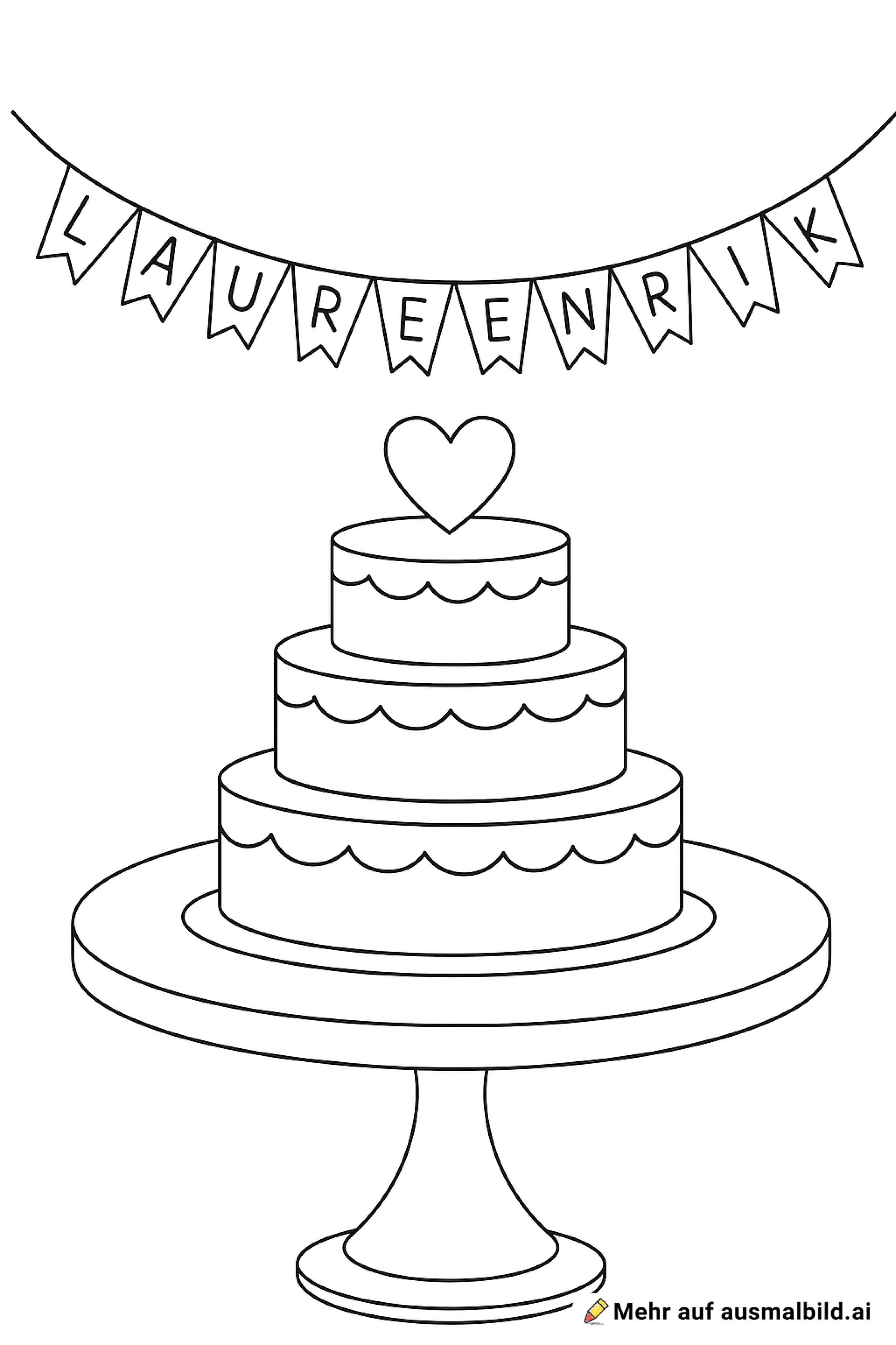 Eine Hochzeitstorte auf einem Tisch mit Wimpeln außenrum auf denen "LAUREEN" und "HENDRIK" steht