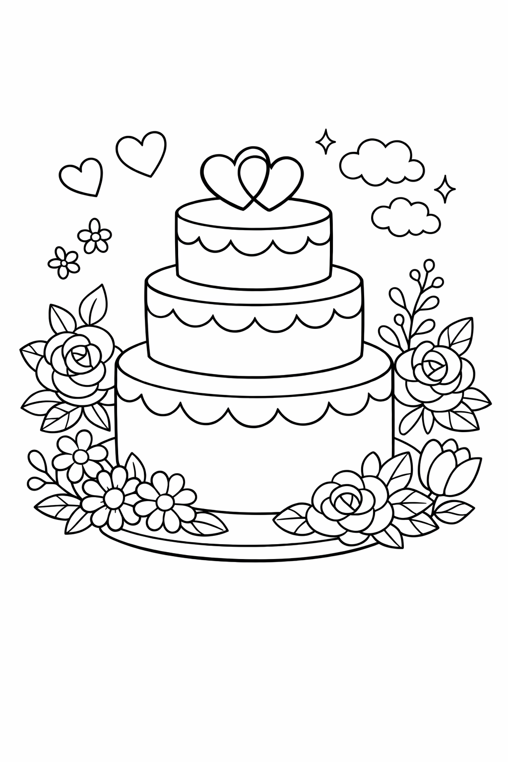 Hochzeitstorte Ausmalbild - Blumen & Details zum Ausdrucken
