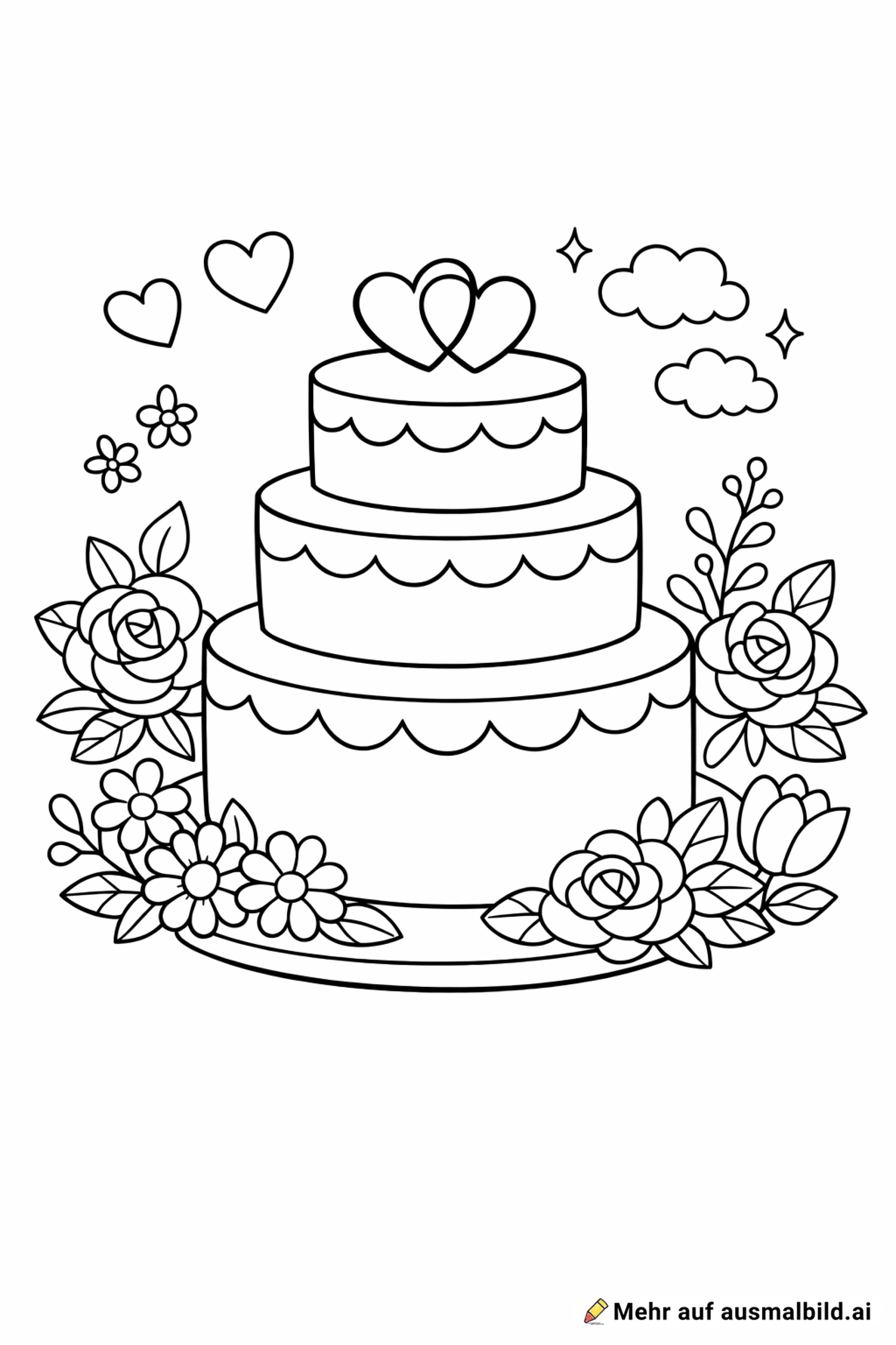 Eine große Hochzeitstorte mit Blumen außenrum