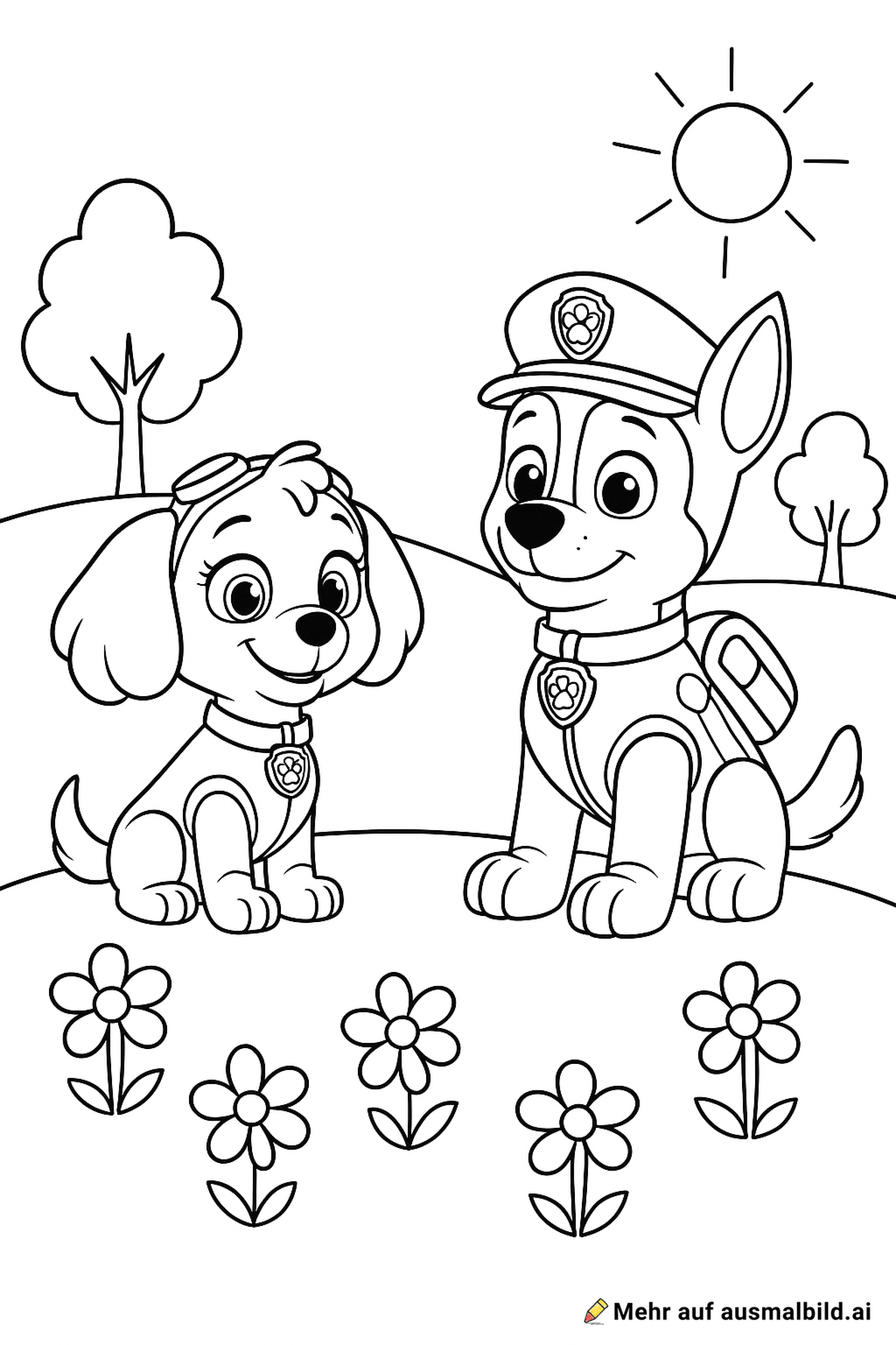 erstelle eine Grafik als ausmalbild paw patrol sky und Chase auf einer wiese mit Blumen bäumen sonne graf