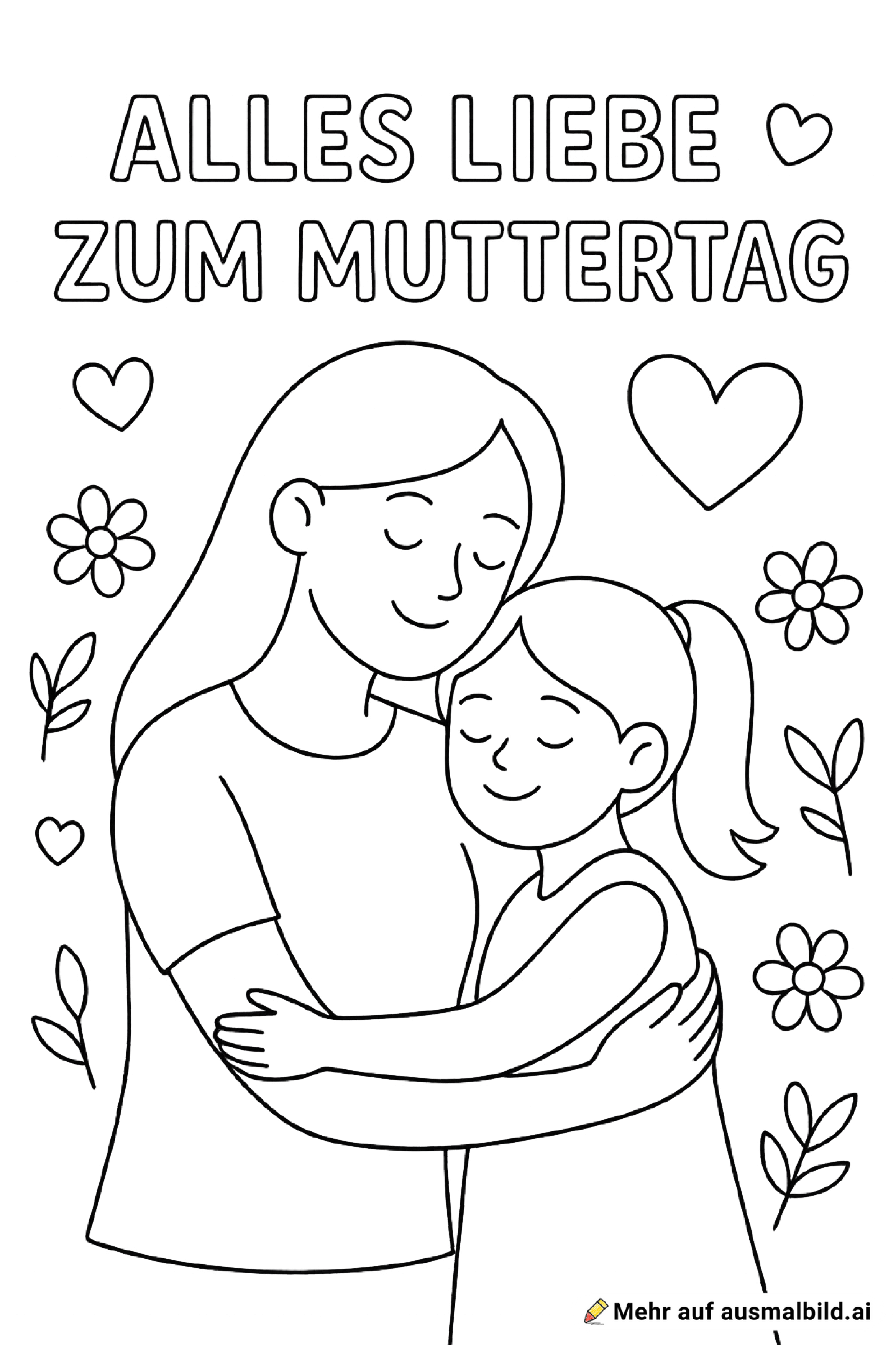 Erstelle mir ein bild zum Muttertag. Auf diesem Bild sieht man eine Mutter und ihre Tochter und auf dem Bild steht „Alles Liebe zum Muttertag“