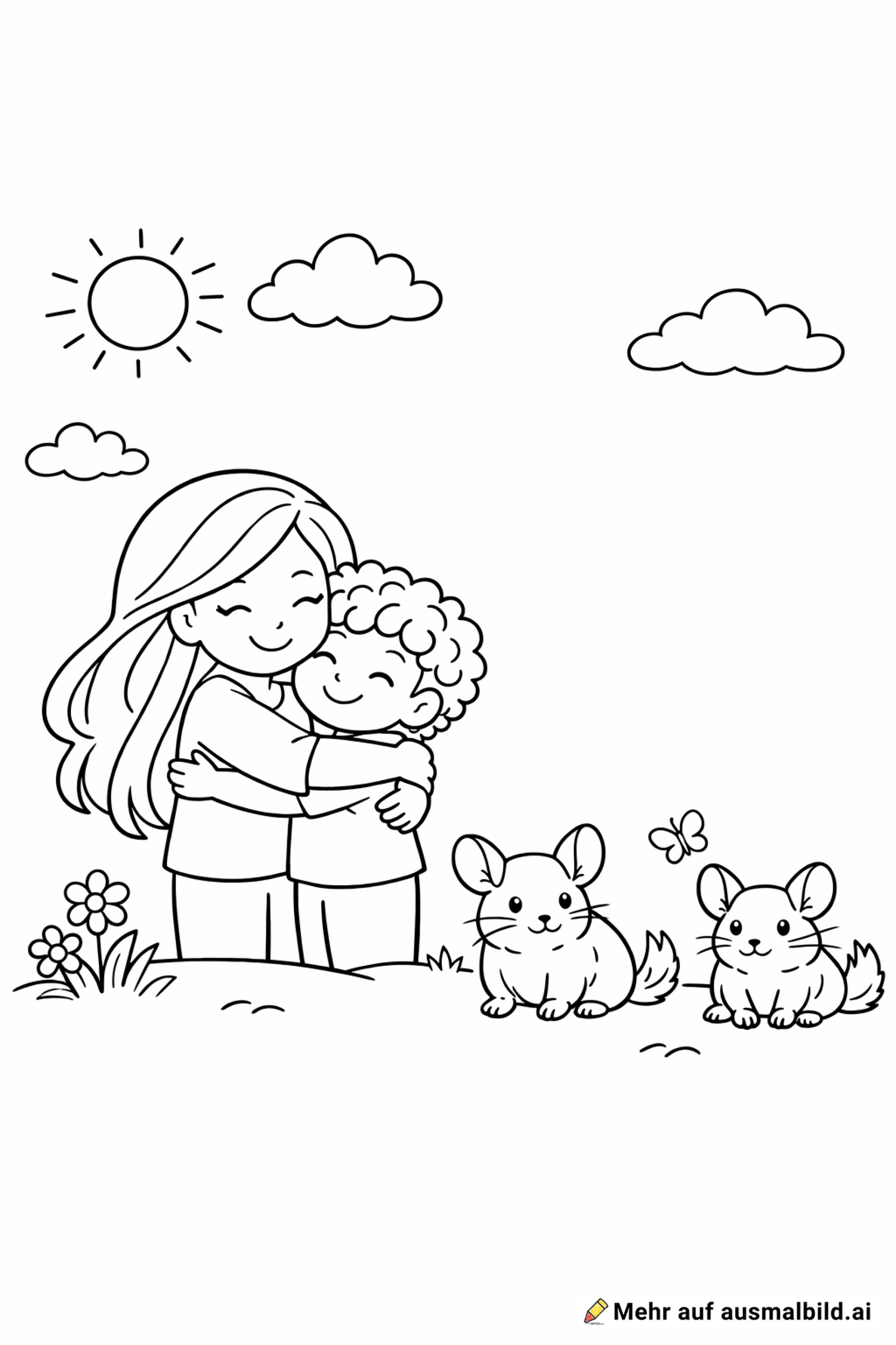 Eine mutter mit langen haaren die ihren sohn umarmt mit lokigen haaren beide sind gleich groß neben dem sohn stehen 2 chinchillas