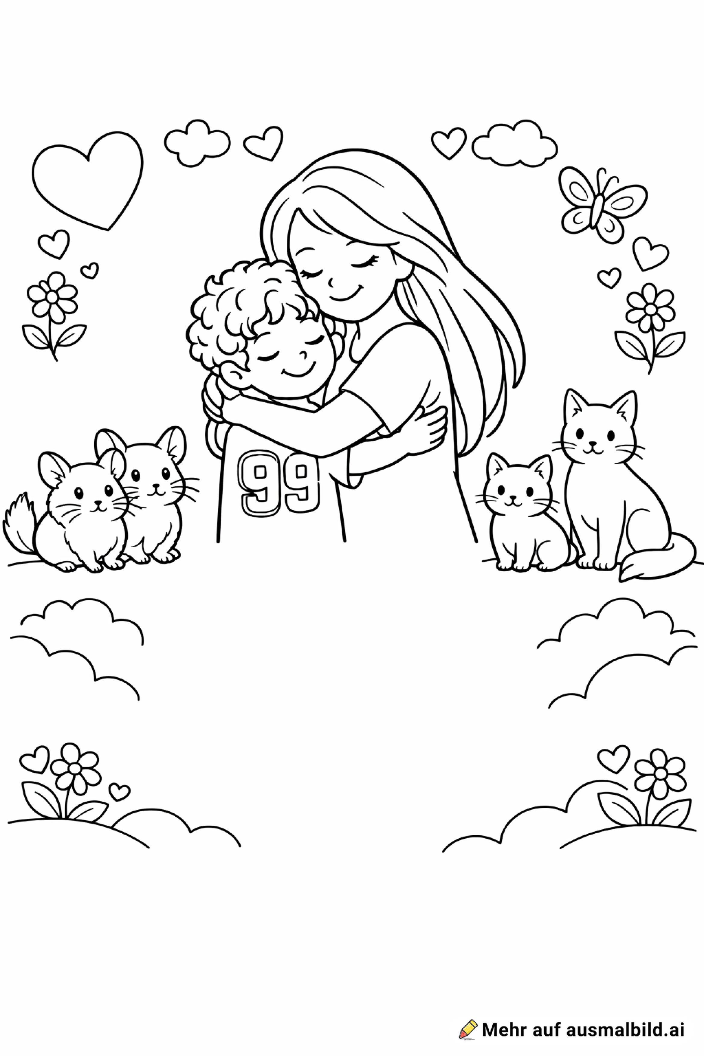 Eie mutter mit langen haaren umarmt ihren sohn der lokige haare und ein t-shirt mit der zahl 99 trägt neben dem sohn stehen zwei chinchillas und neben der mtter zwei katzen mit der überschrift alles gute zum muttertag