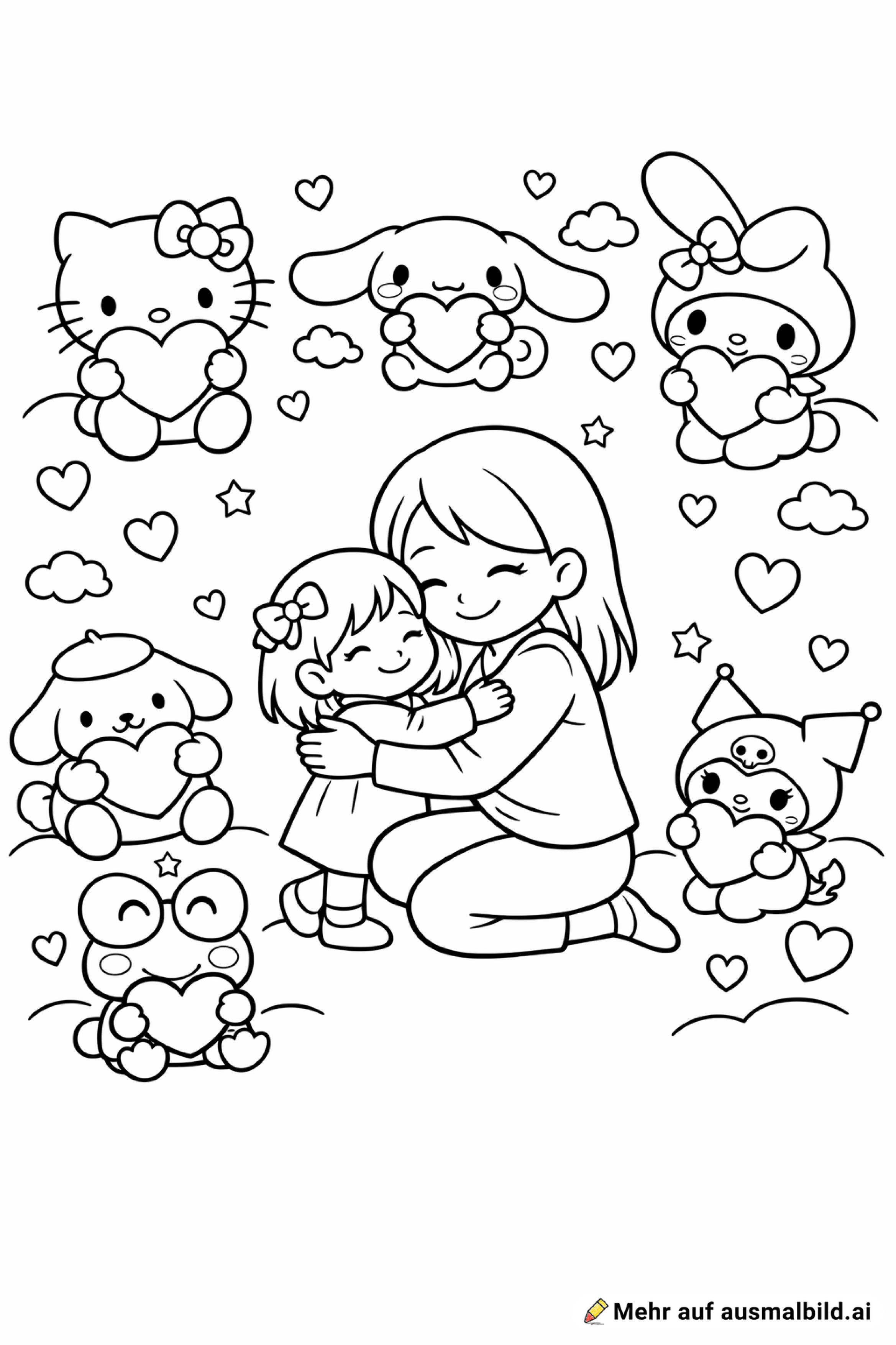 Sanrio Charaktere halten herzen und in der mitte steht eine Mutter mit ihrem Tochter und sie umarmen sich
