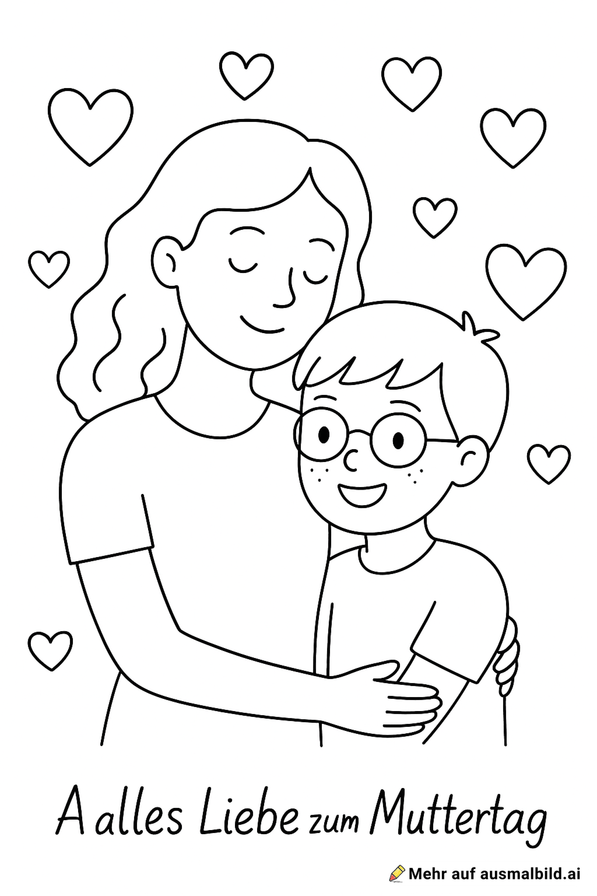 Erstelle mir ein Bild zum Muttertag. Auf dem Bild sieht man eine Mutter mit ihrem Sohn. Die Mutter hat Schulterlange Haare und Locken und ist schlank. Der Sohn hat Sommersprossen und eine Brille. Auf dem Bild sind viele Herzen und unten steht „Alles Liebe zum Muttertag“
