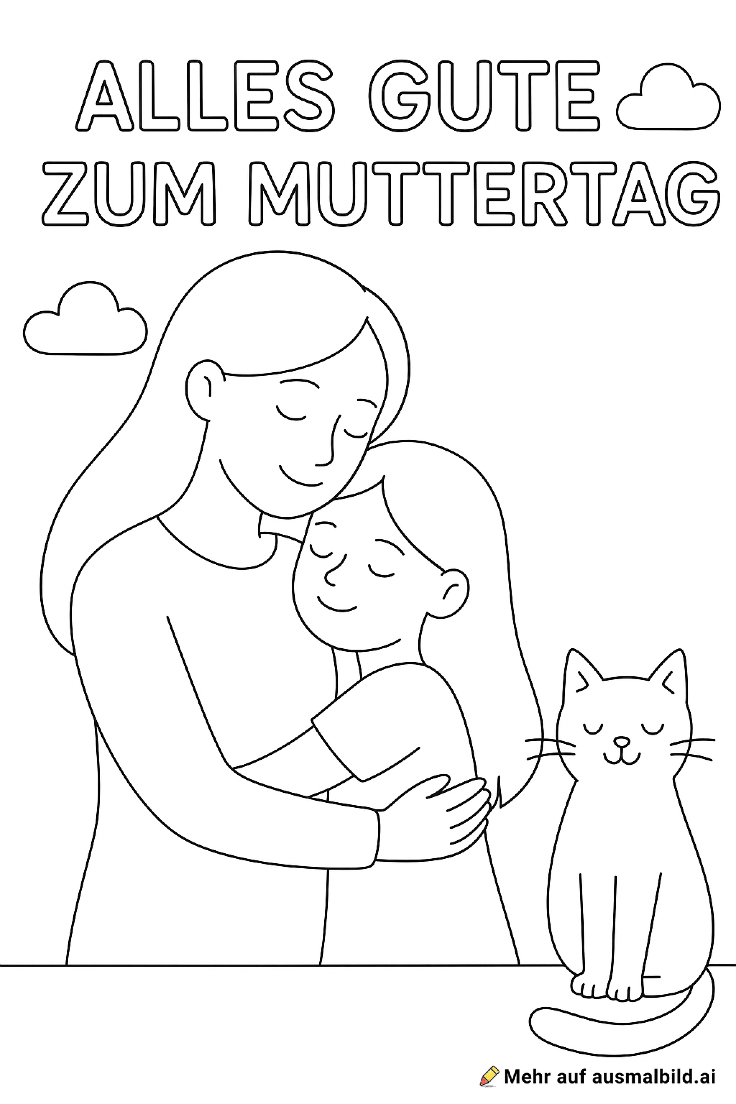 Eine mutter mit schulter lange haare umarmt ihre tochter mit lange haare neben der tochter sitzt eine katze mit der überschrift alles gute zum mutter tag