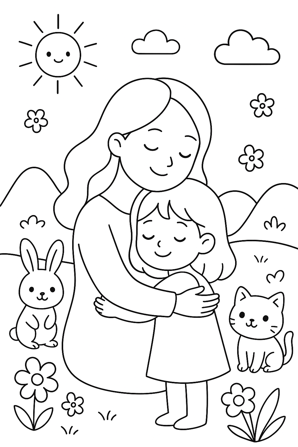 Kawaii Malvorlagen: Mutter und Tochter im Frühling