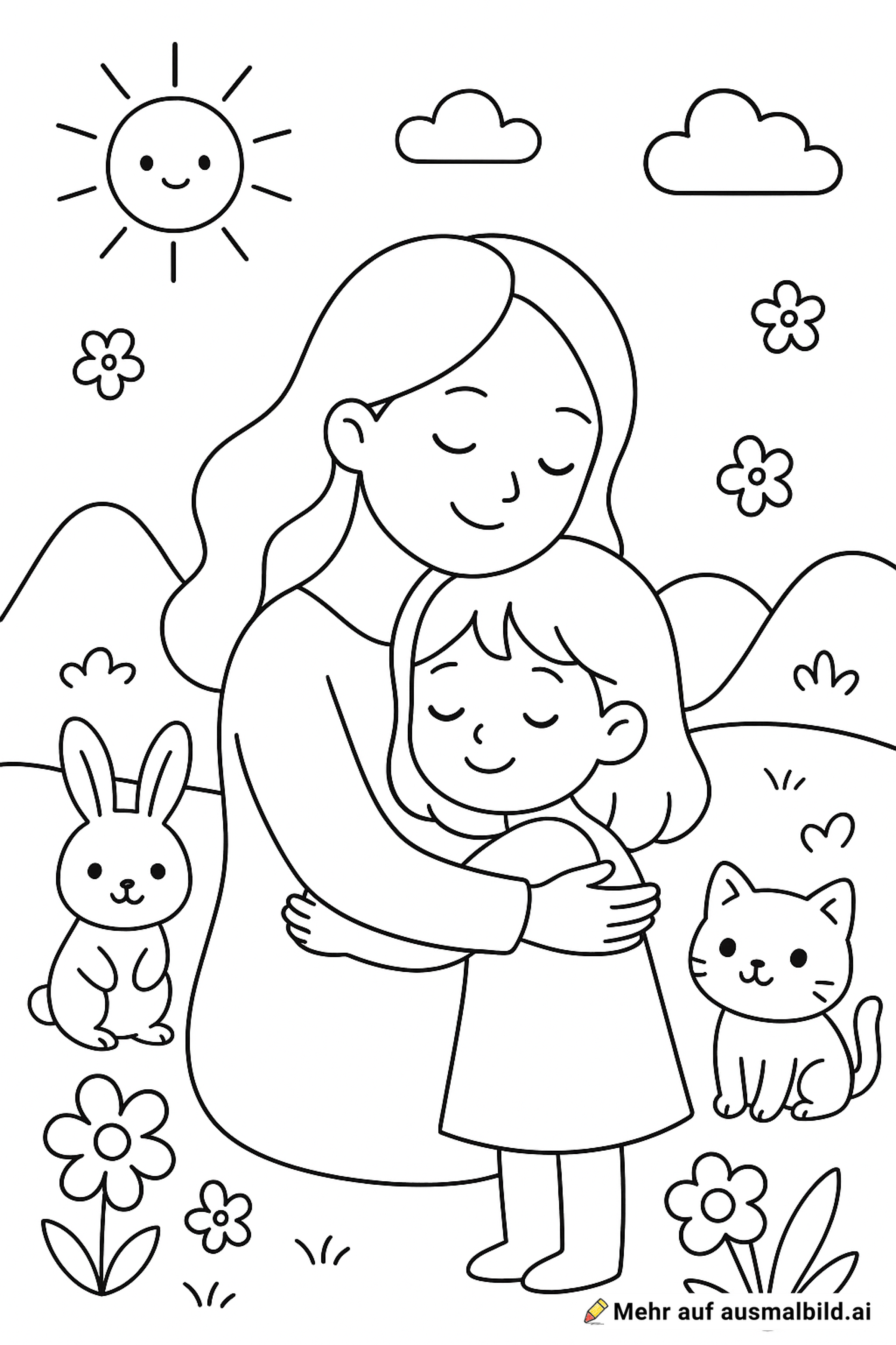 Eine Umarmende mutter und tochter mit Sommer/frühling hintergrundbild und Kawaii Tiere