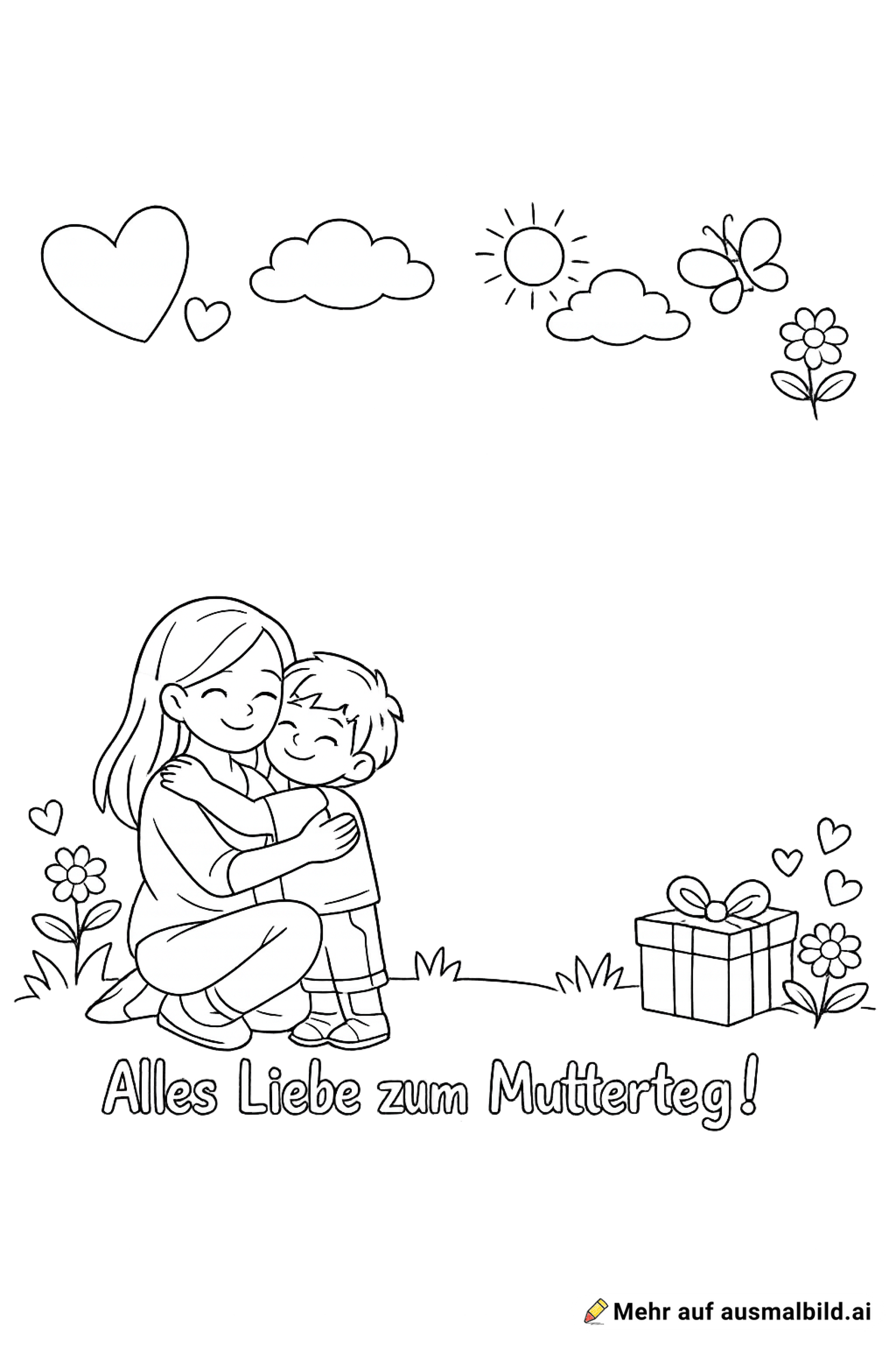 Erstelle mir ein Bild zum Muttertag. Auf dem Bild sieht man eine Mutter mit ihrem Sohn. Unten steht „Alles Liebe zum Muttertag“