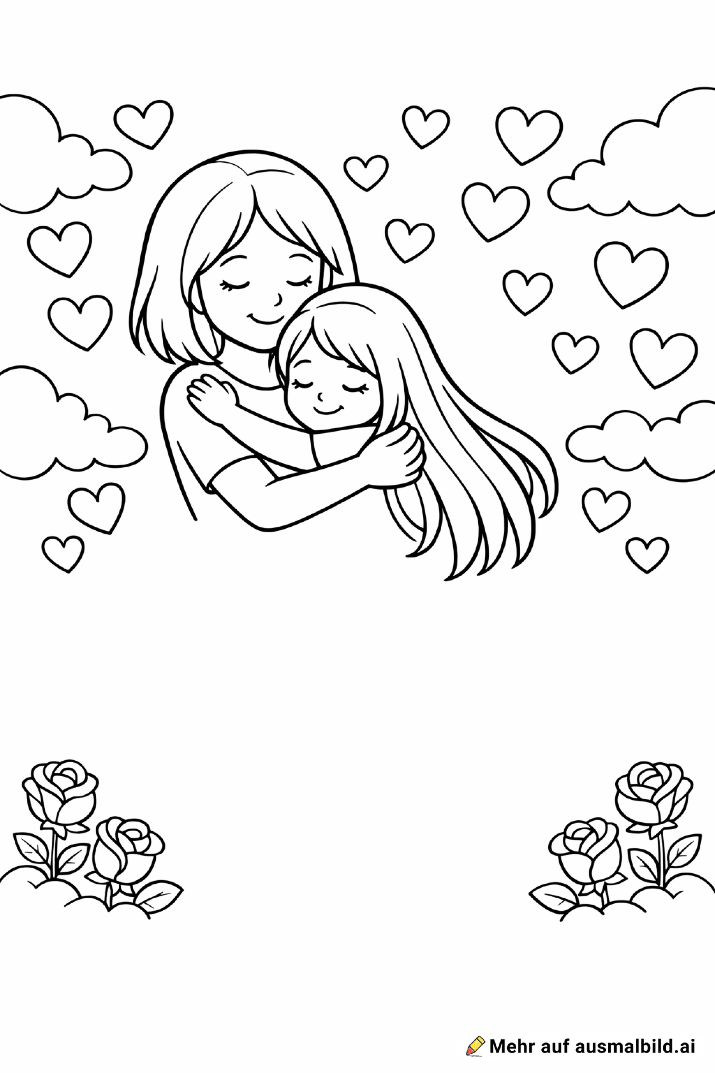 Eine mutter mit schultern länge haare und sie umarte eine tochter mit sehr langen haare im himmel gibt es sehr viele herzen und rose das blümchen