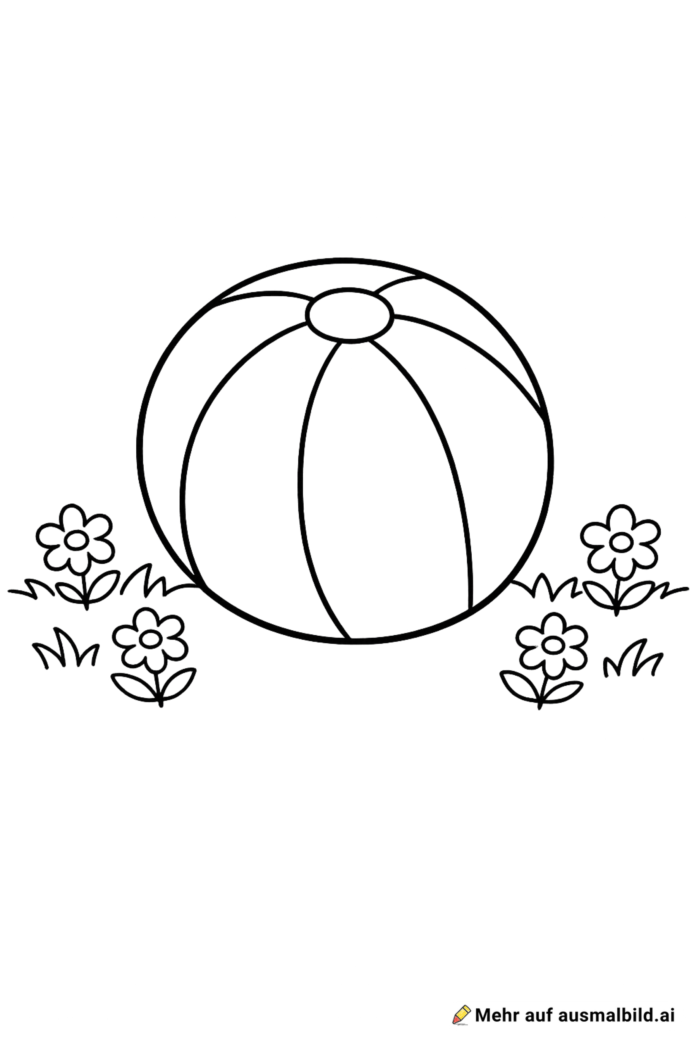 Erstelle mir ein Ausmalbild mit sehr wenigen Konturen, das einen Ball auf einer Wiese mit Blumen zeigt