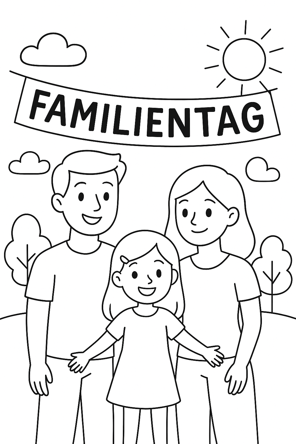 Kostenlose Malvorlagen für den Familienausflug (Papa, Mama, Kind)