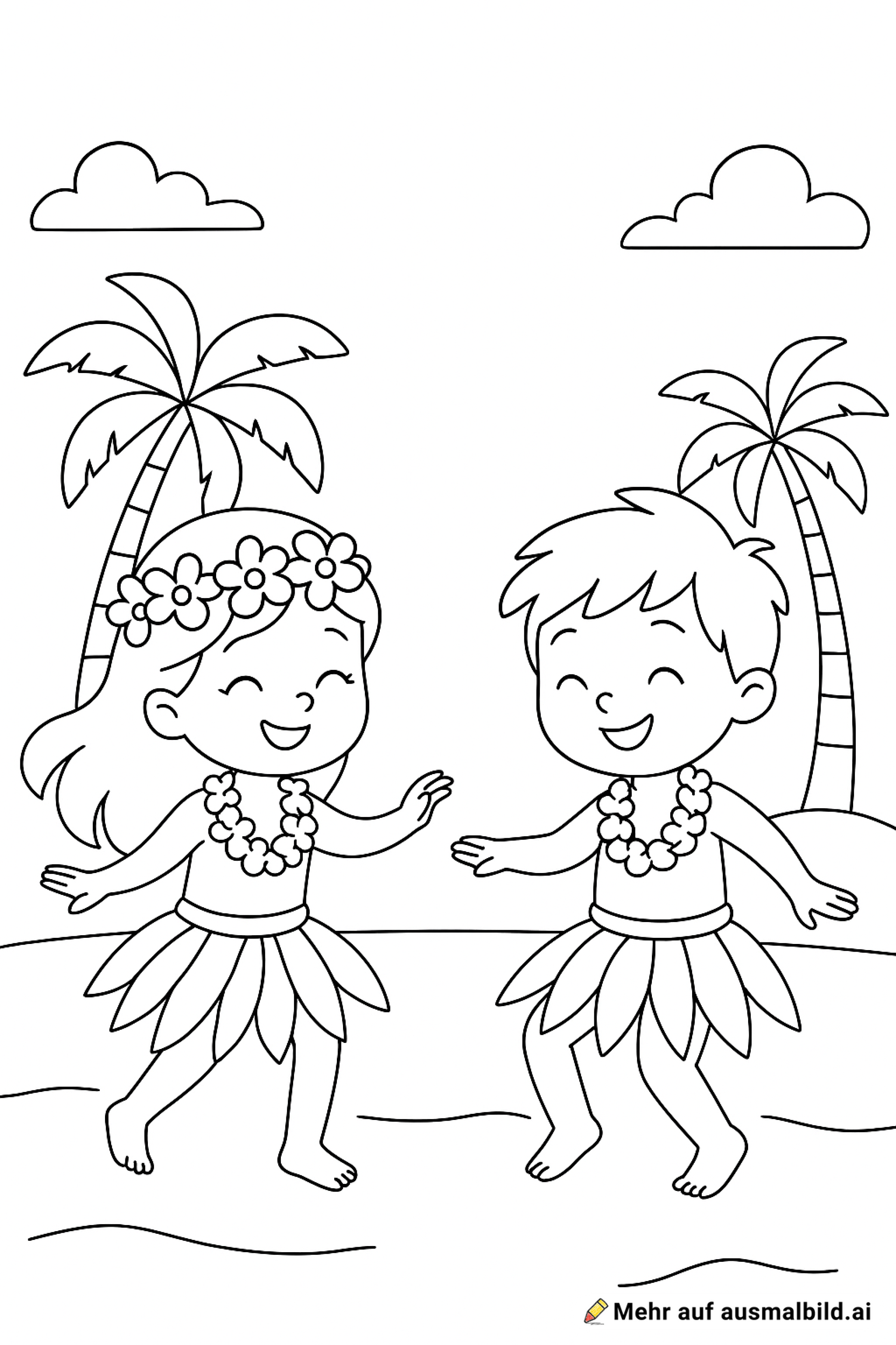 Ein Mädchen und ein Junge tanzen am Strand Hula. Sie tragen einen Blätterrock und Blumenketten. Im Hintergrund sieht man Palmen.