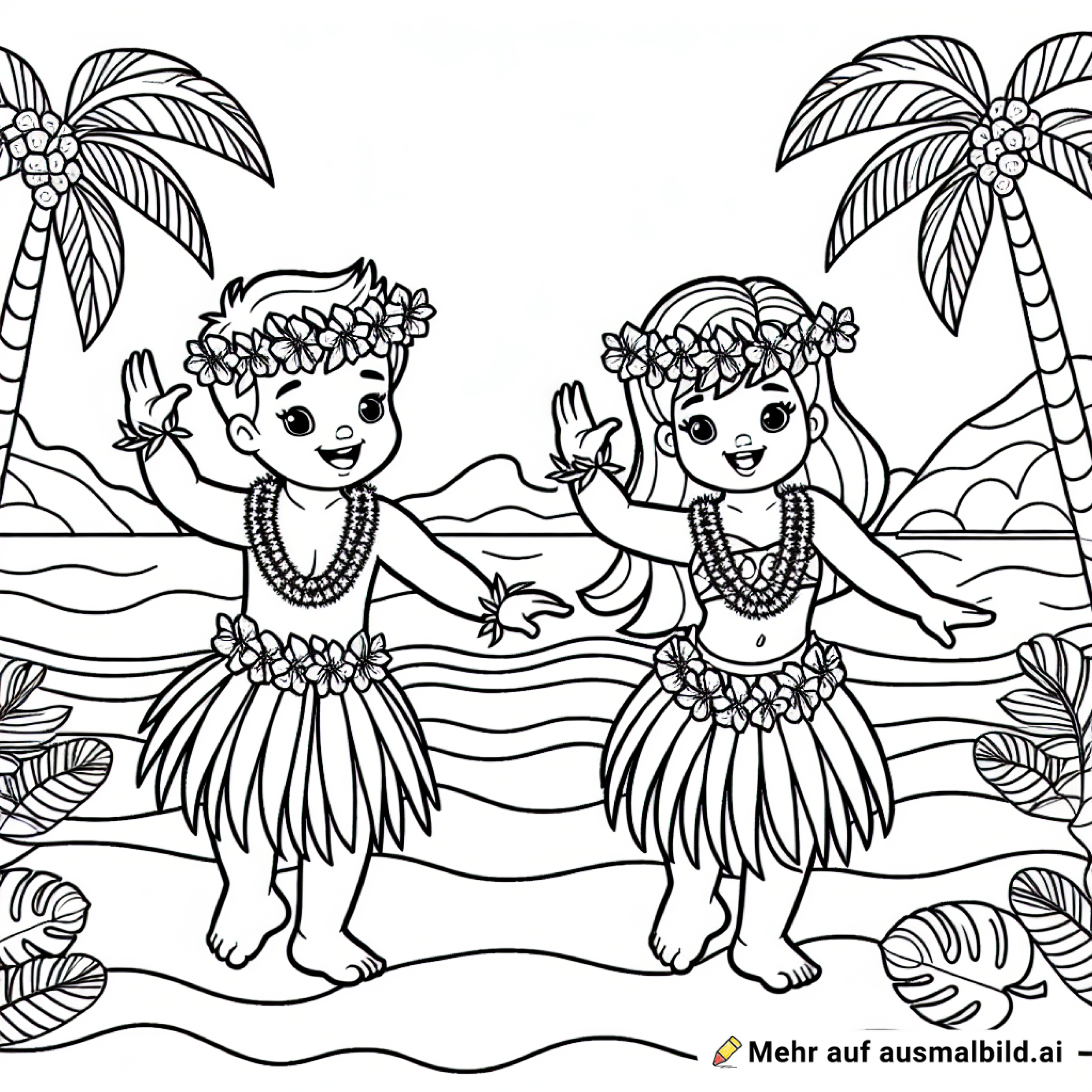 Ein hawaiianisches Mädchen und ein hawaiianischer Bub tanzen am Strand Hula. Sie tragen Blätterröcke und Blumenketten. Am Strand stehen Palmen.