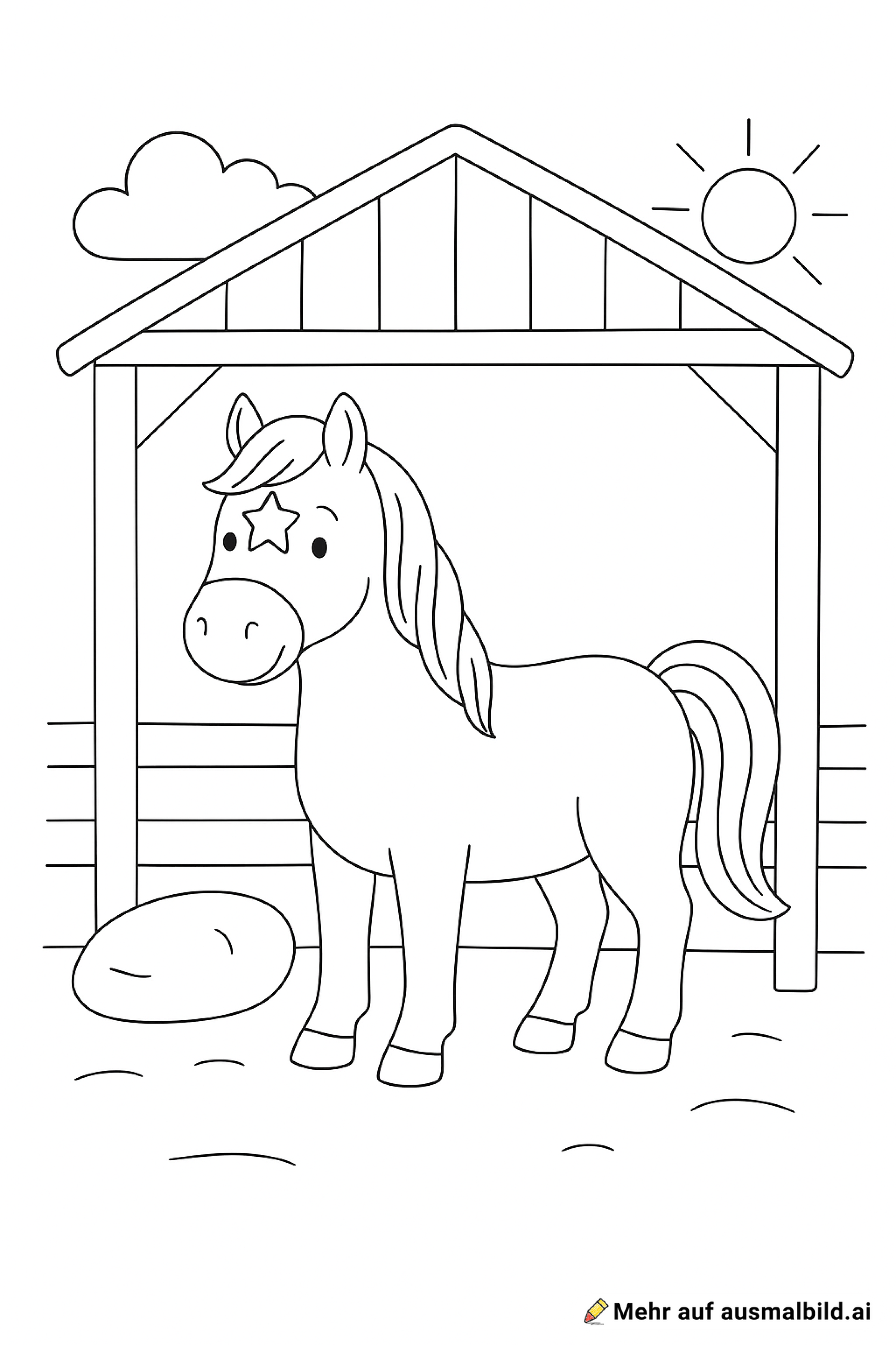 Pferd mit einen stern mustter auf den kopf steht im stall