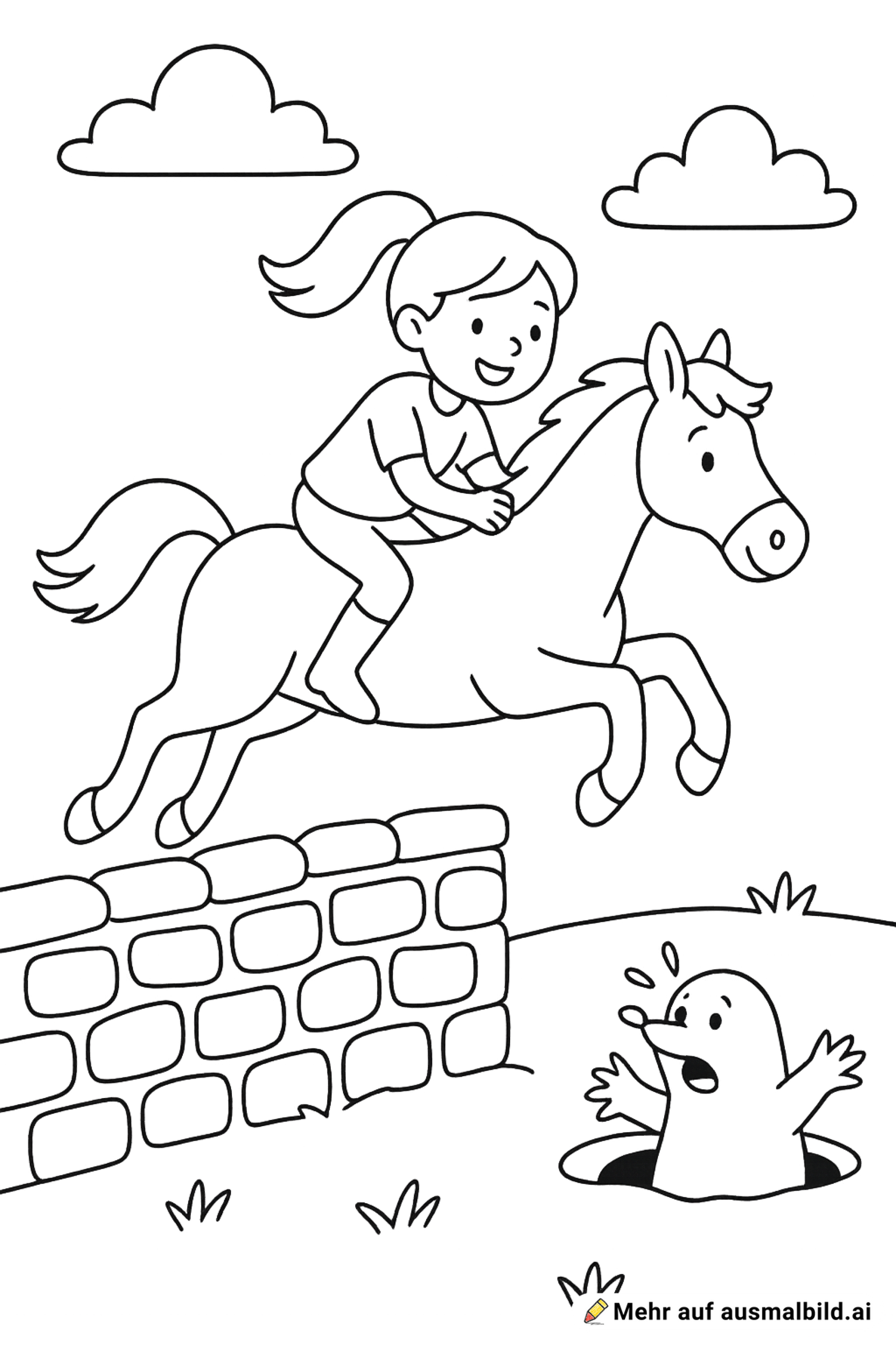 junges mädchen reitet auf dam pferd und springt über eine stein mauer, ein maulwurf erschreckt sich dabei