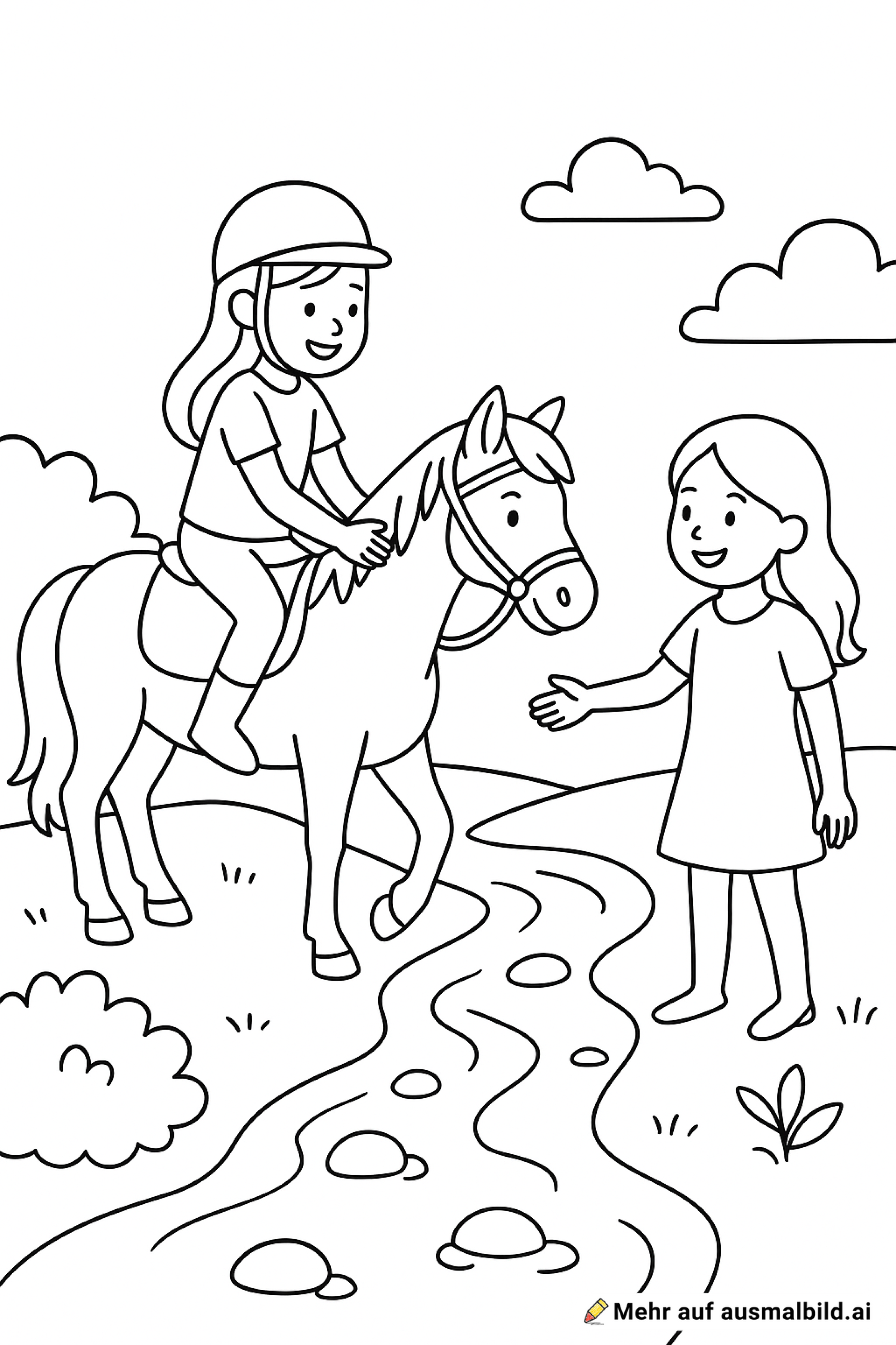 junges mädchen reitet auf dem pferd und kommen an einem bach vorbei wo sie ihre freundin trifft