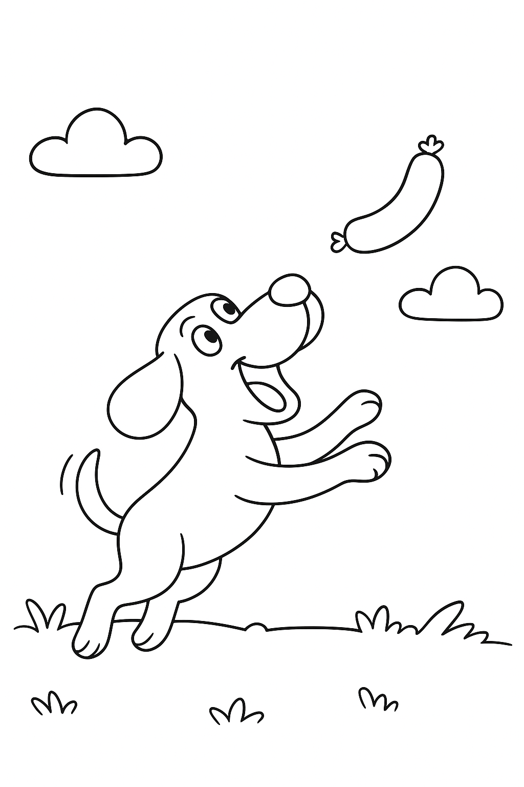 Hund mit Wurst: Kostenlose Malvorlage zum Ausdrucken