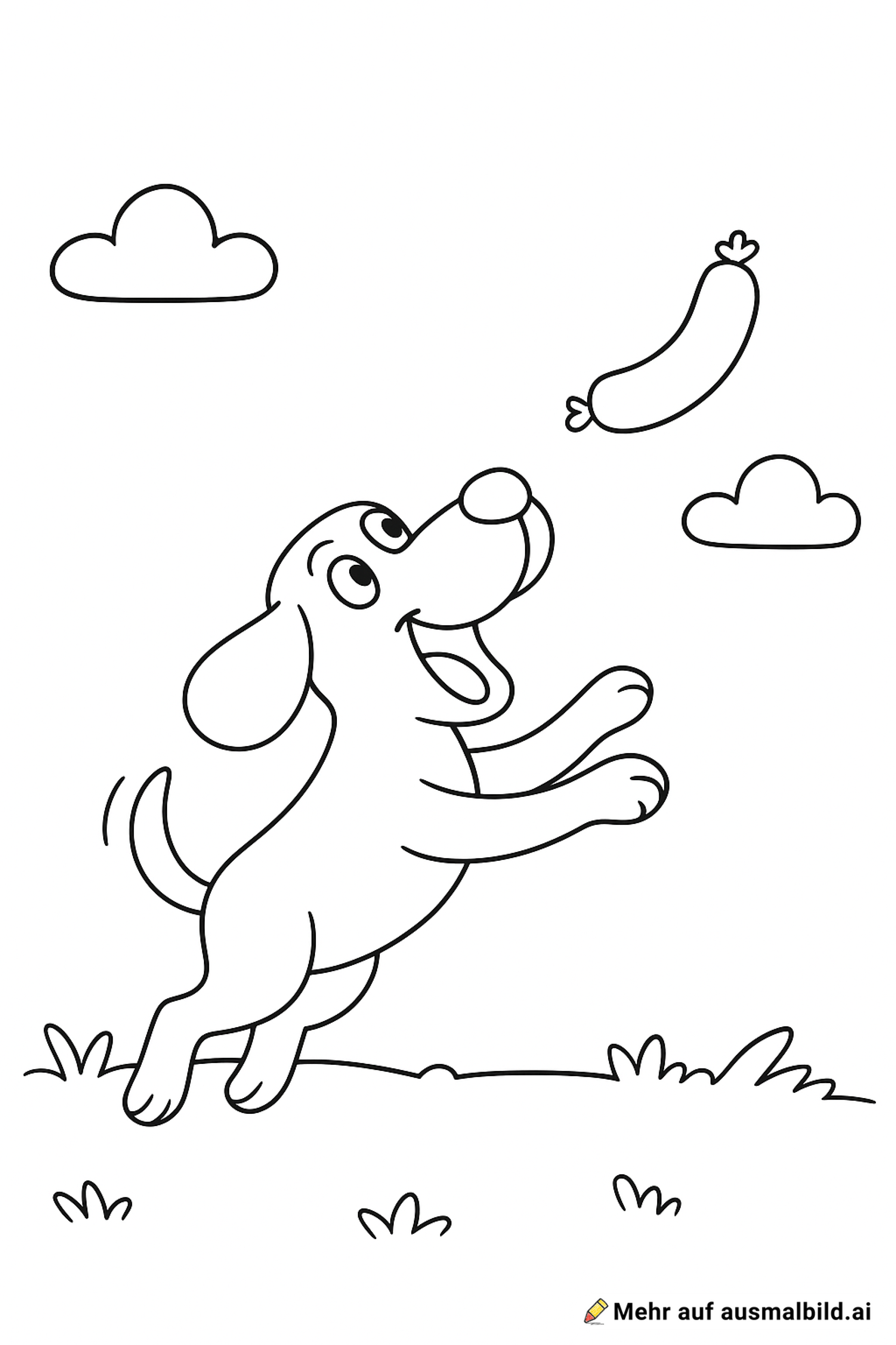 Ein Hund der eine Wurst fangt