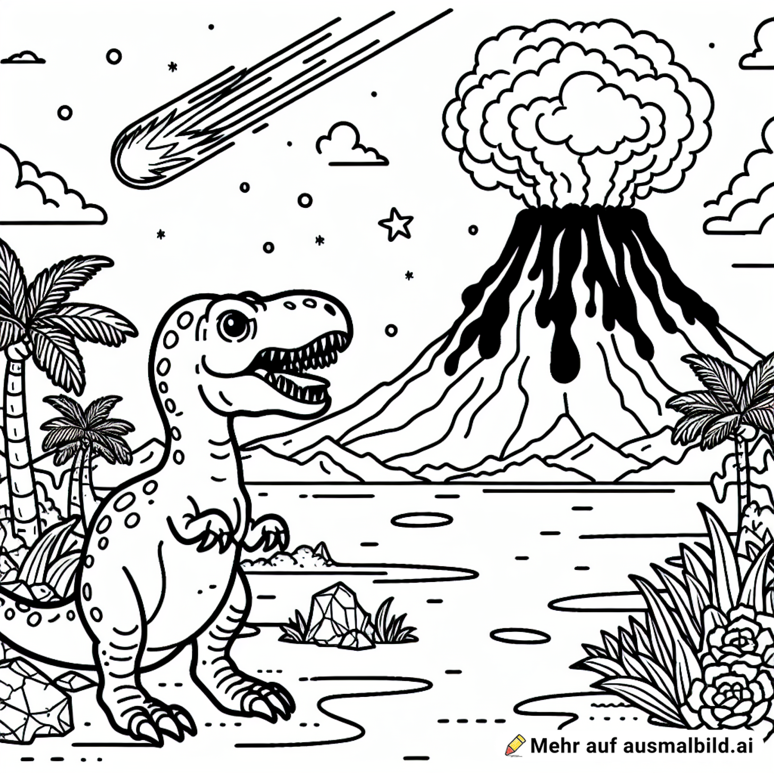 Dino vor einem ausbrechenden Vulkan und ein Meteor