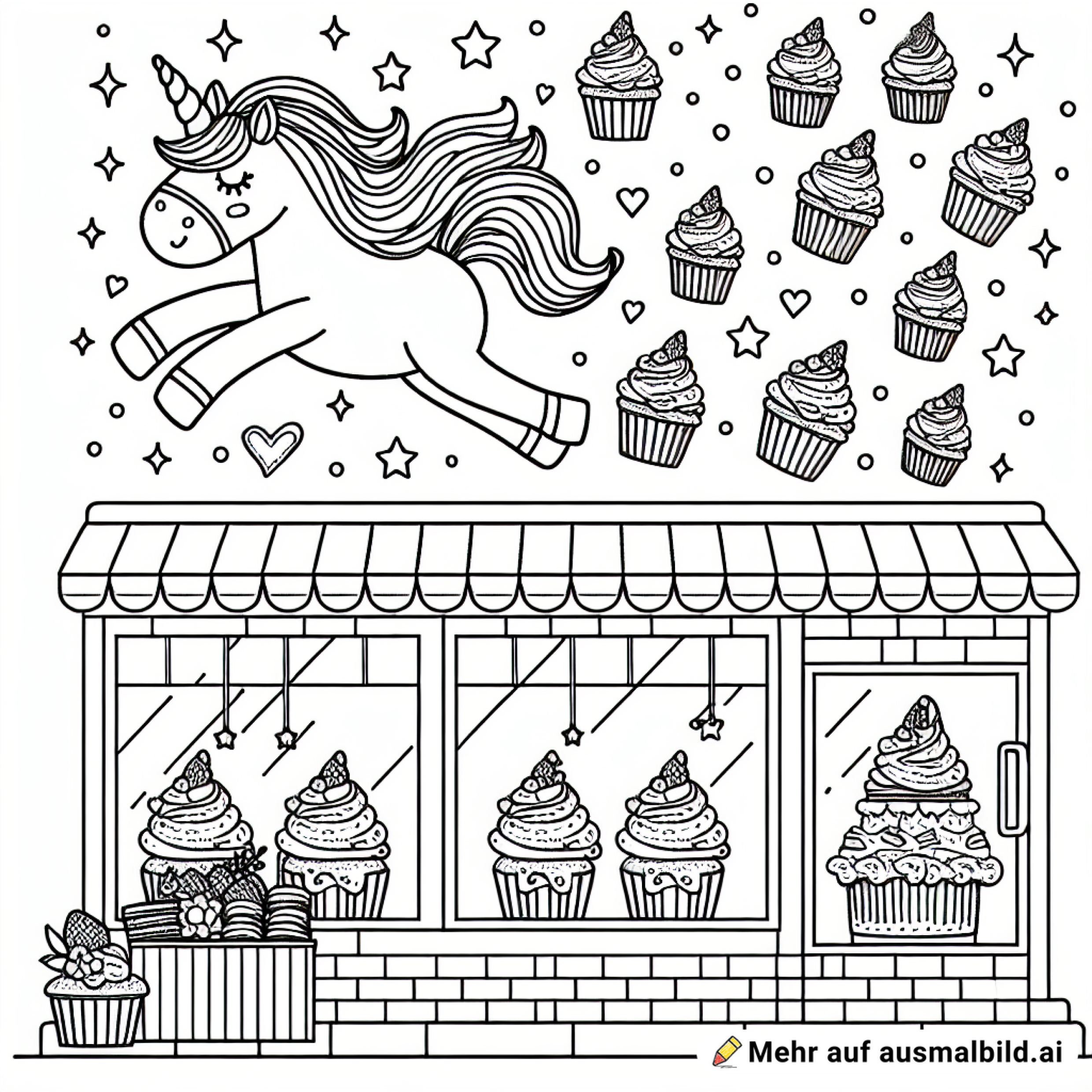 Einhorn-Bäckerei mit schwebenden Cupcakes