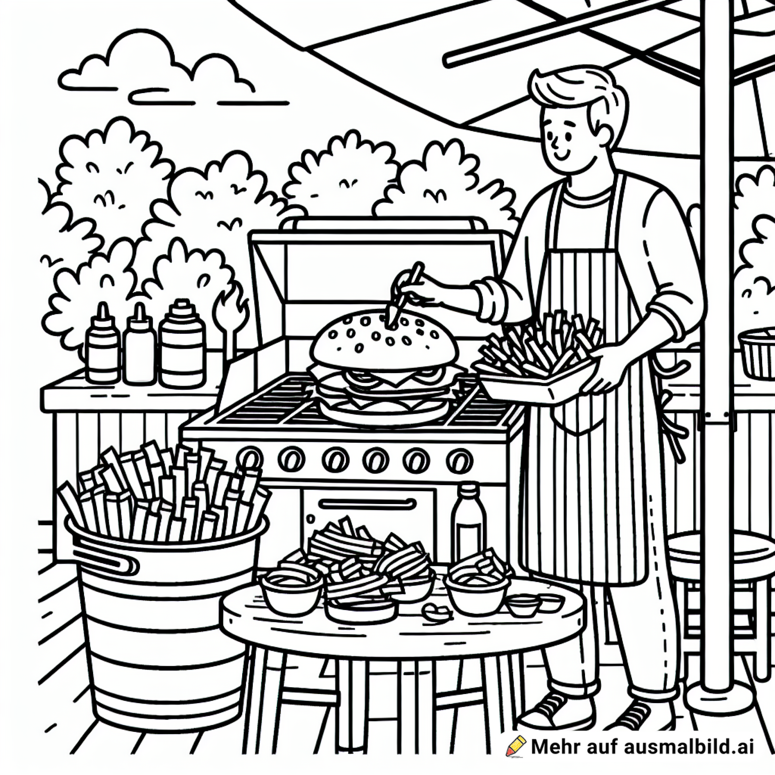 Burger mit vielen Pommes zubereitet in der Gartenküche