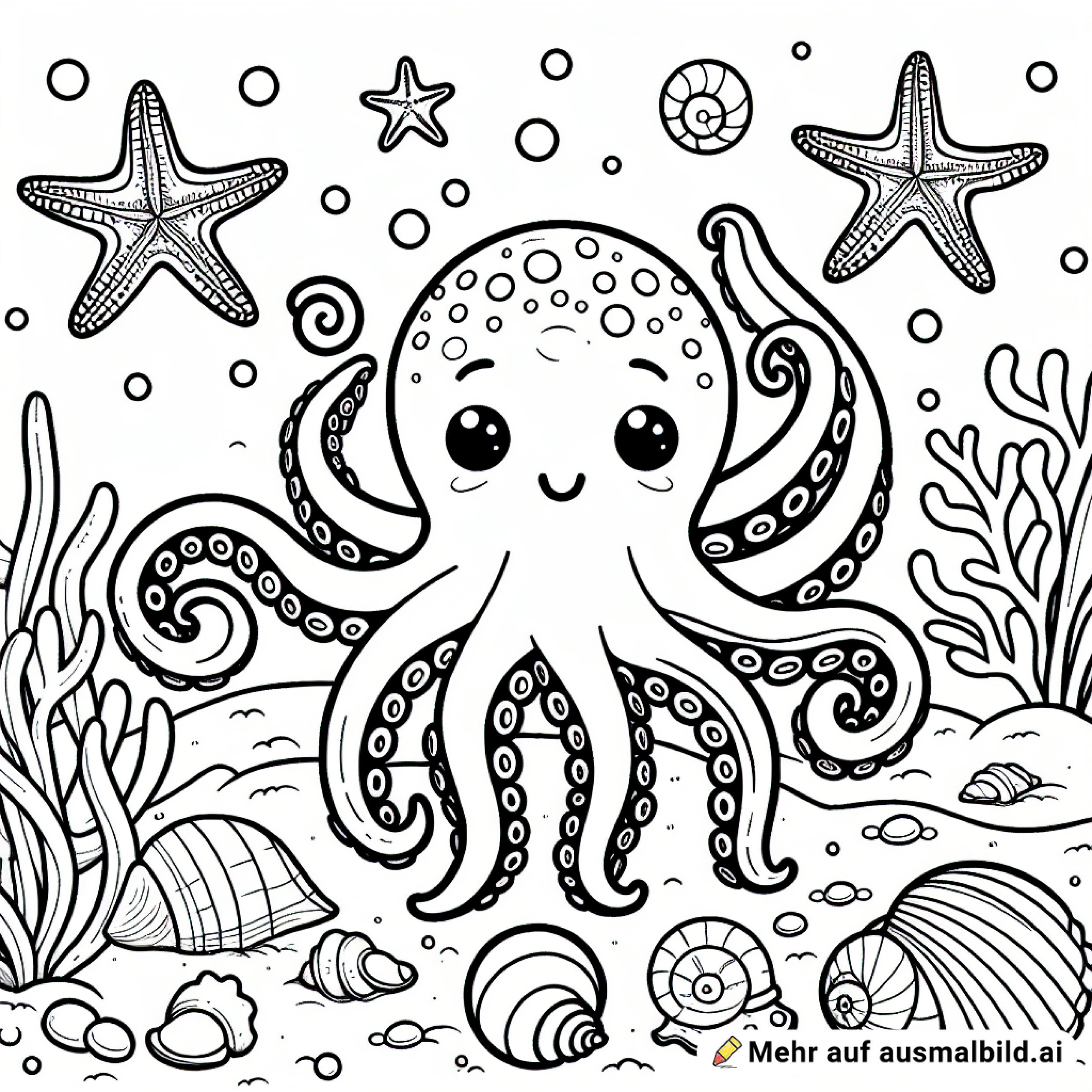 Ein Oktopus spielt mit Muscheln und Seesternen