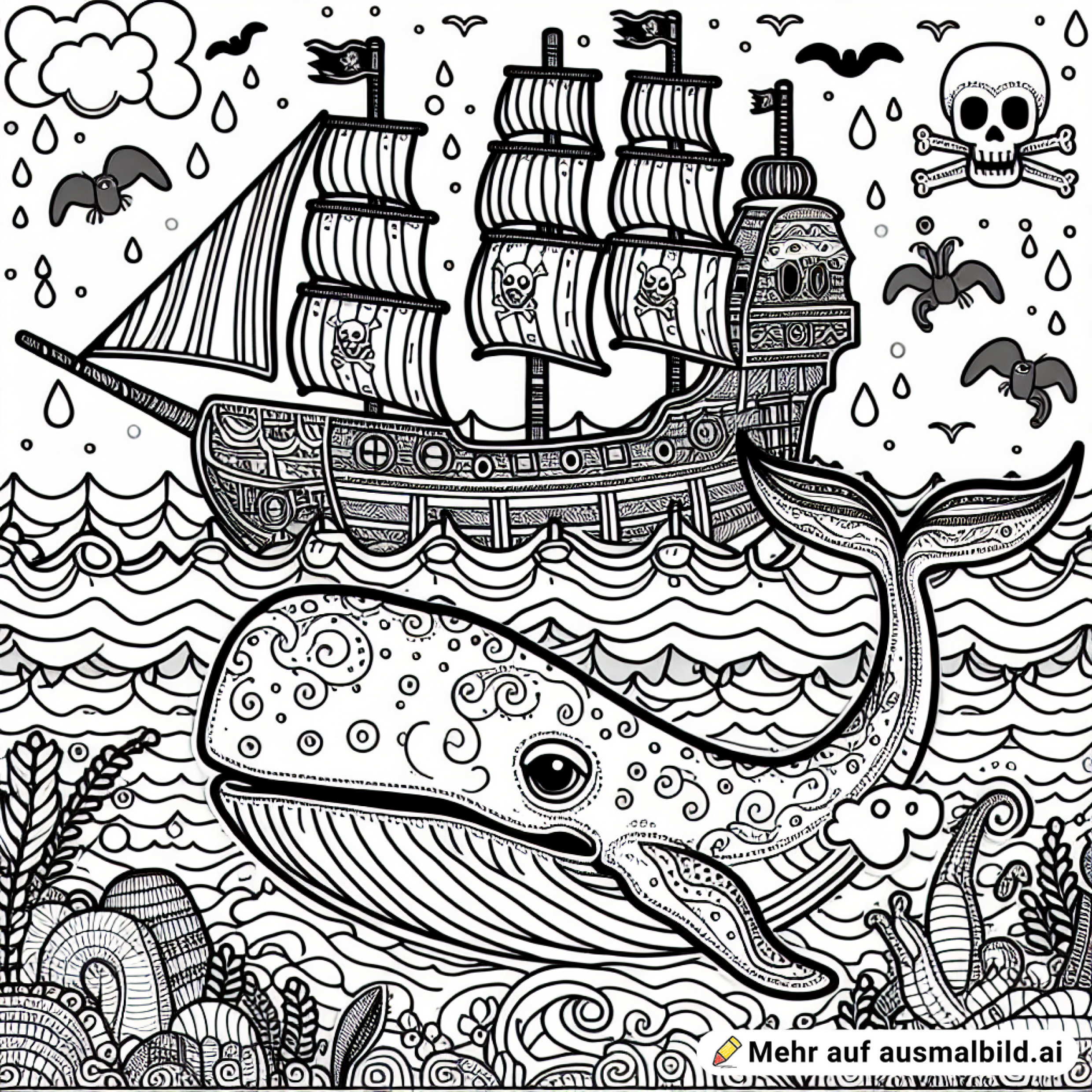 Ein Wal schwimmt unter einem Piratenschiff