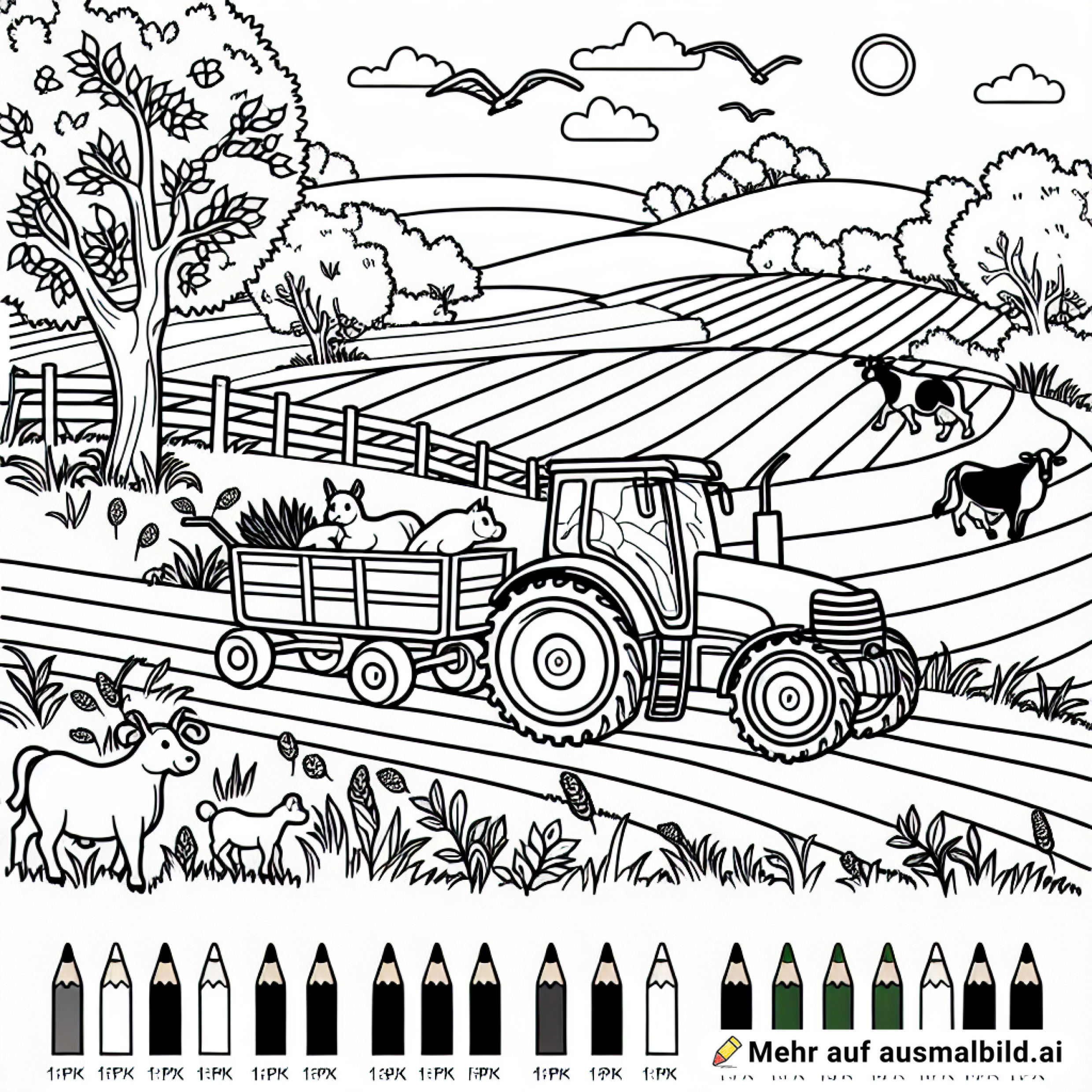 Ein Traktor fährt über ein Feld mit Tieren im Hintergrund
