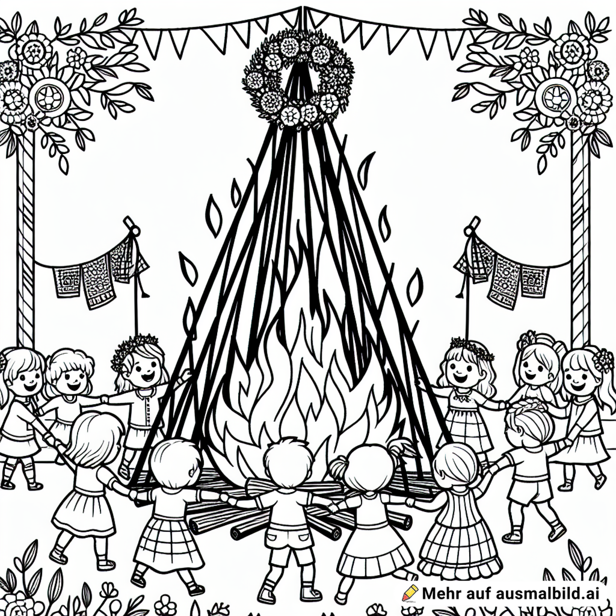 Ein großes Maifeuer vor einem geschmücktem Maibaum. Um das Feuer tanzen Kinder