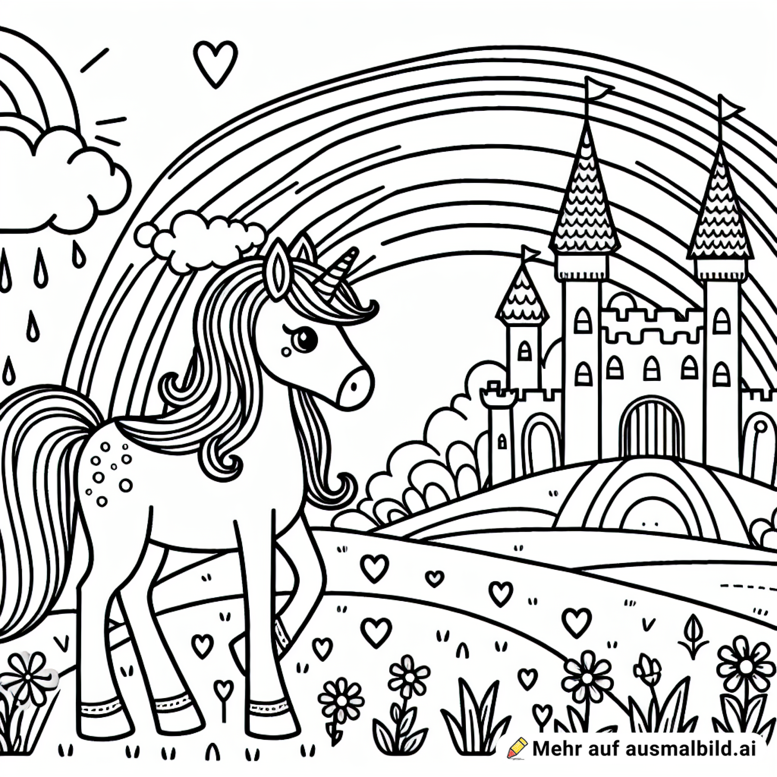 Ein Einhorn steht auf einer Regenbogenwiese mit Schloss im Hintergrund